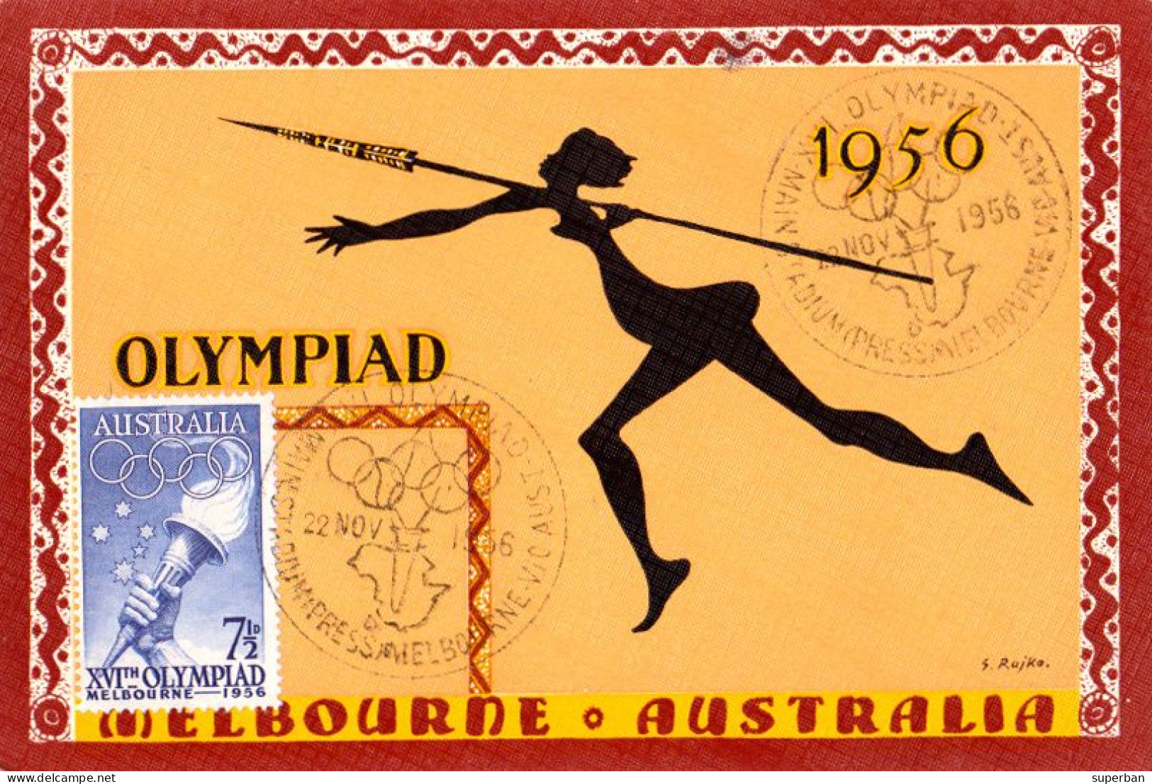 CARTE MAXIMUM / MAXIMUM CARD : XVI OLYMPIAD - MELBOURNE 1956 - ARTIST SIGNED : J. RAJKO (al940) - Estate 1956: Melbourne