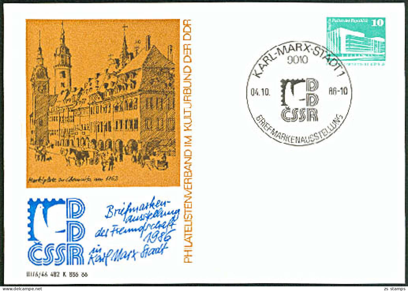 DDR GA PP17/068 Gest. Karl-Marx-Stadt Marktplatz 1862 Rathaus Ausstellung Der Freundschaft CSSR DDR - Cartoline - Usati