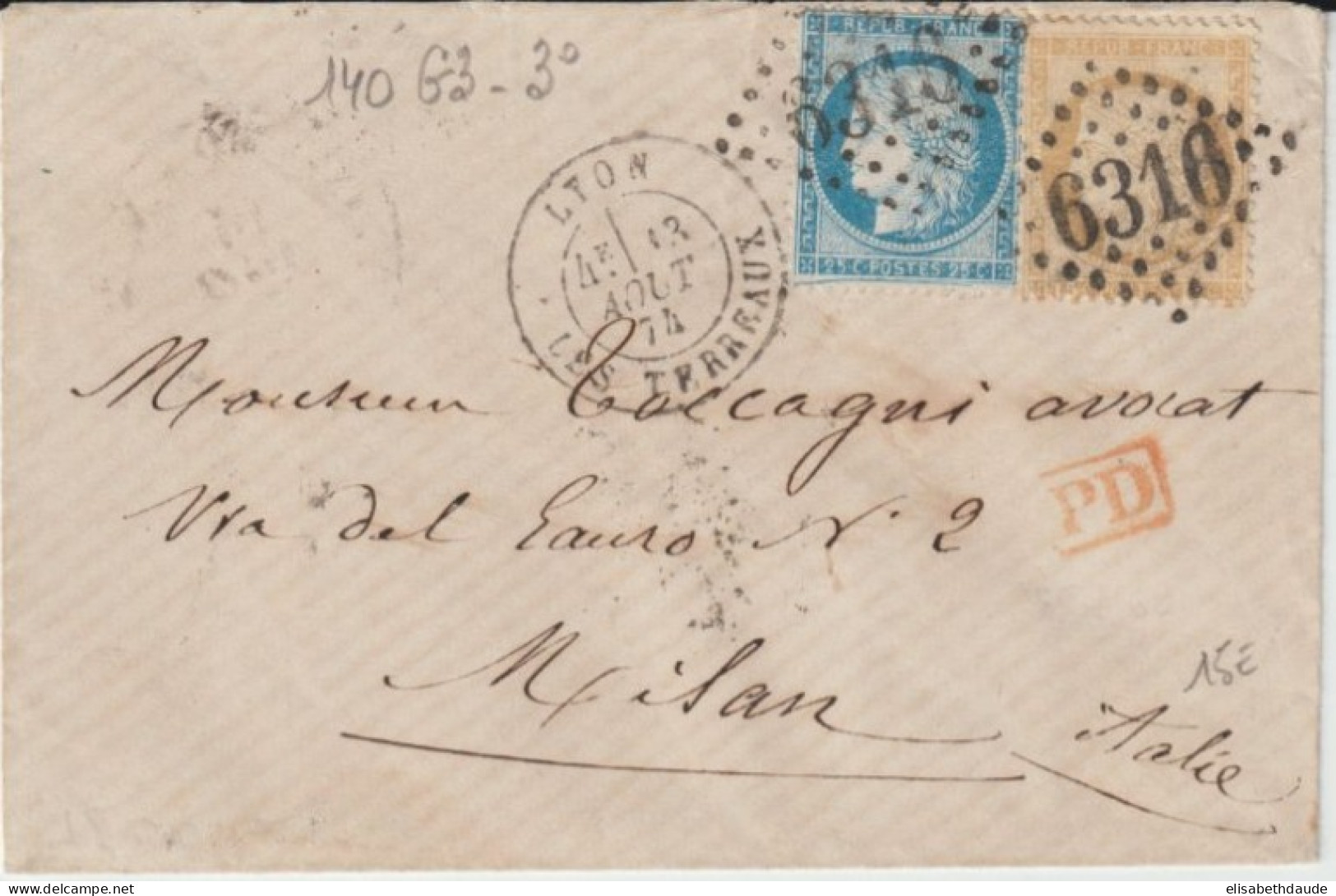 1874 - CERES TARIF 40c ! - LETTRE De LYON => MILAN (ITALIE) - 1871-1875 Ceres