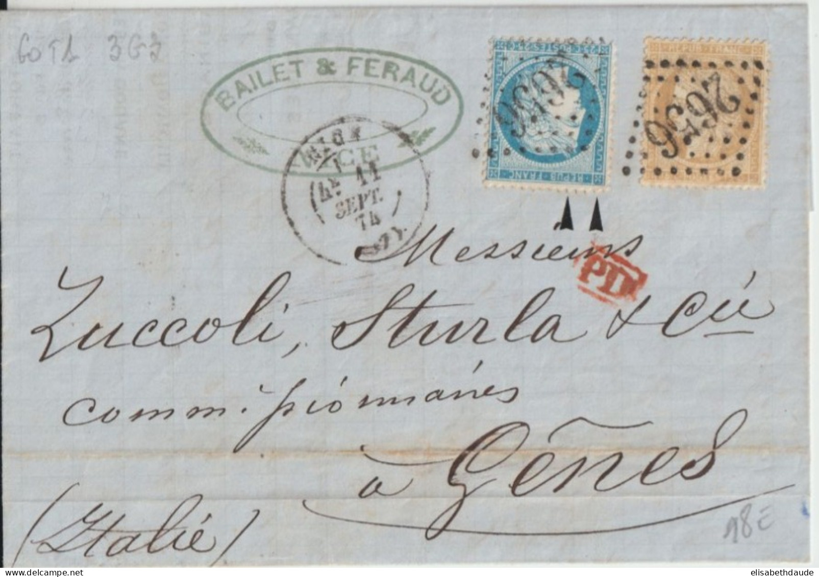 1874 - CERES TARIF 40c ! - LETTRE De NICE => GENES (ITALIE) - 1871-1875 Cérès