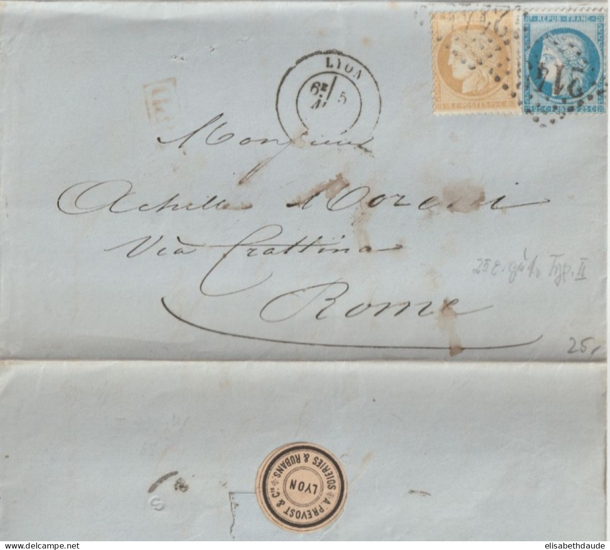 1874 - CERES TARIF 40c + ETIQUETTE COMMERCIALE (SOIRIES PREVOST) ! - LETTRE De LYON => ROME (ITALIE) - 1871-1875 Ceres