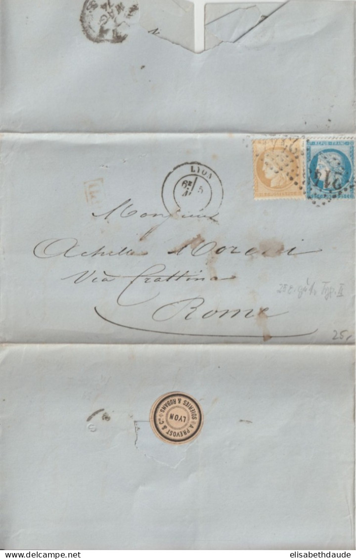 1874 - CERES TARIF 40c + ETIQUETTE COMMERCIALE (SOIRIES PREVOST) ! - LETTRE De LYON => ROME (ITALIE) - 1871-1875 Cérès