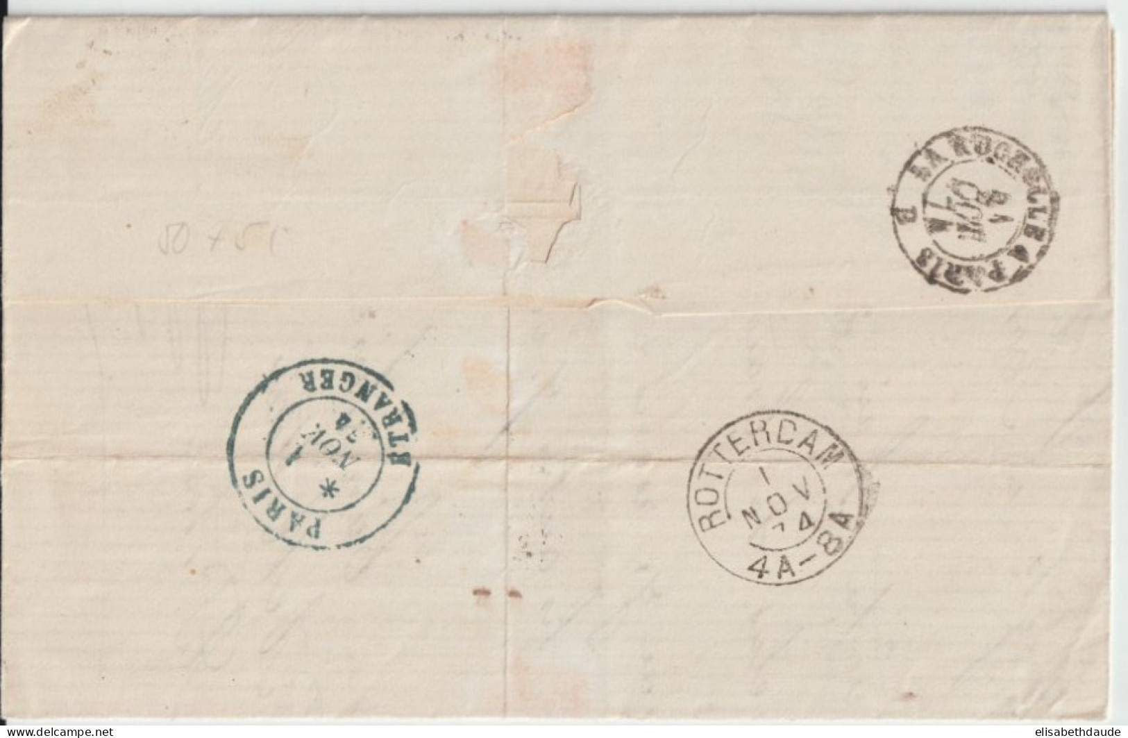 1874 - CERES TARIF 40c  ! - LETTRE De LA ROCHELLE (CHARENTE INFERIEURE) => ROTTERDAM (PAYS-BAS) - 1871-1875 Ceres