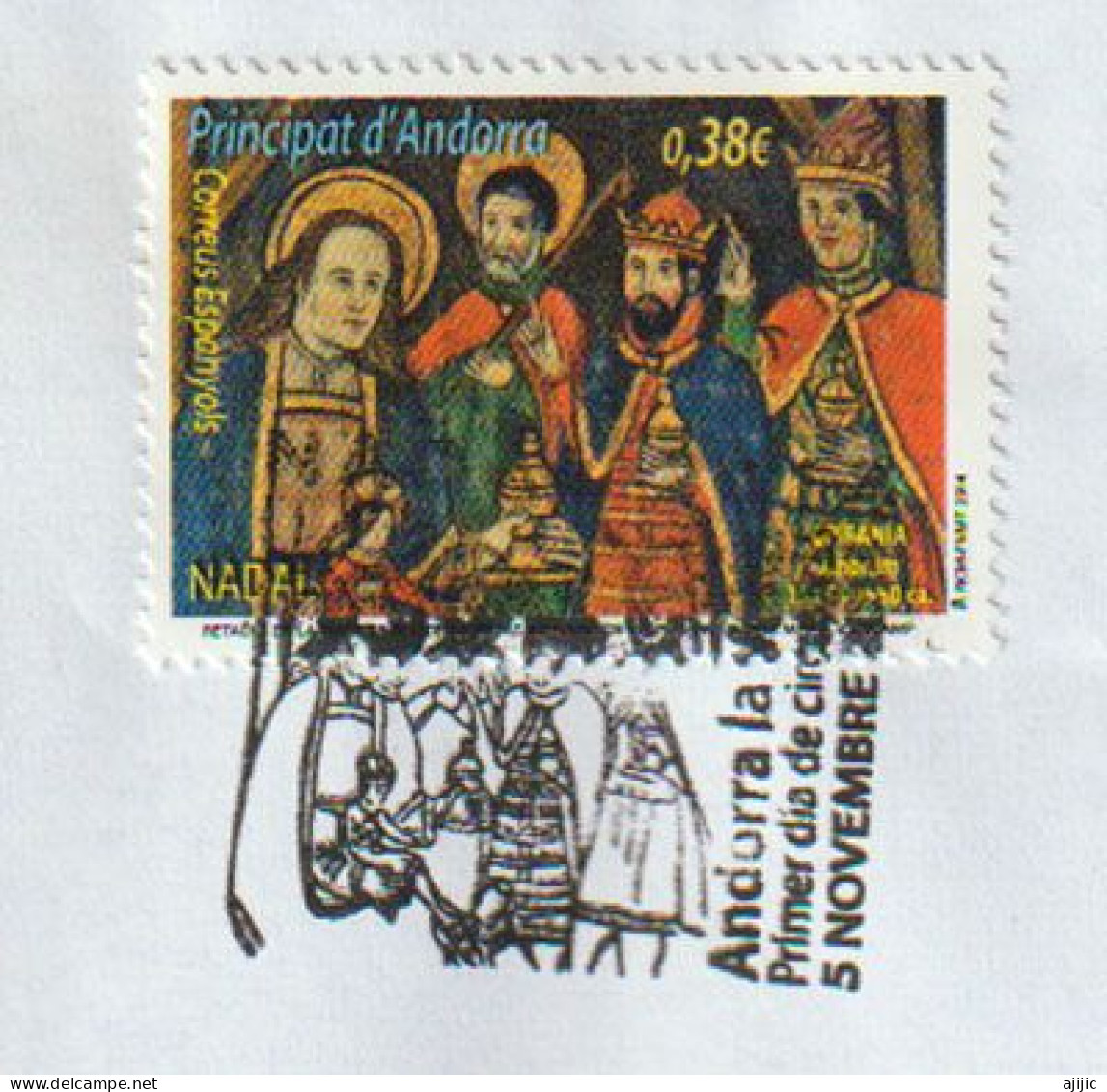 Les Rois Mages, Retable De L'église St Marc & Santa Maria D'Encamp. Noël 2014, Timbre Oblitéré Sur Fragment Lettre - Usados