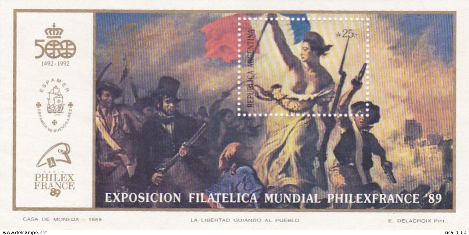 BF Neuf** Argentine, Philexfrance 89, Bicentenaire De La Révolution Française, Tableau De Delacroix, La  Liberté Guidant - Blokken & Velletjes