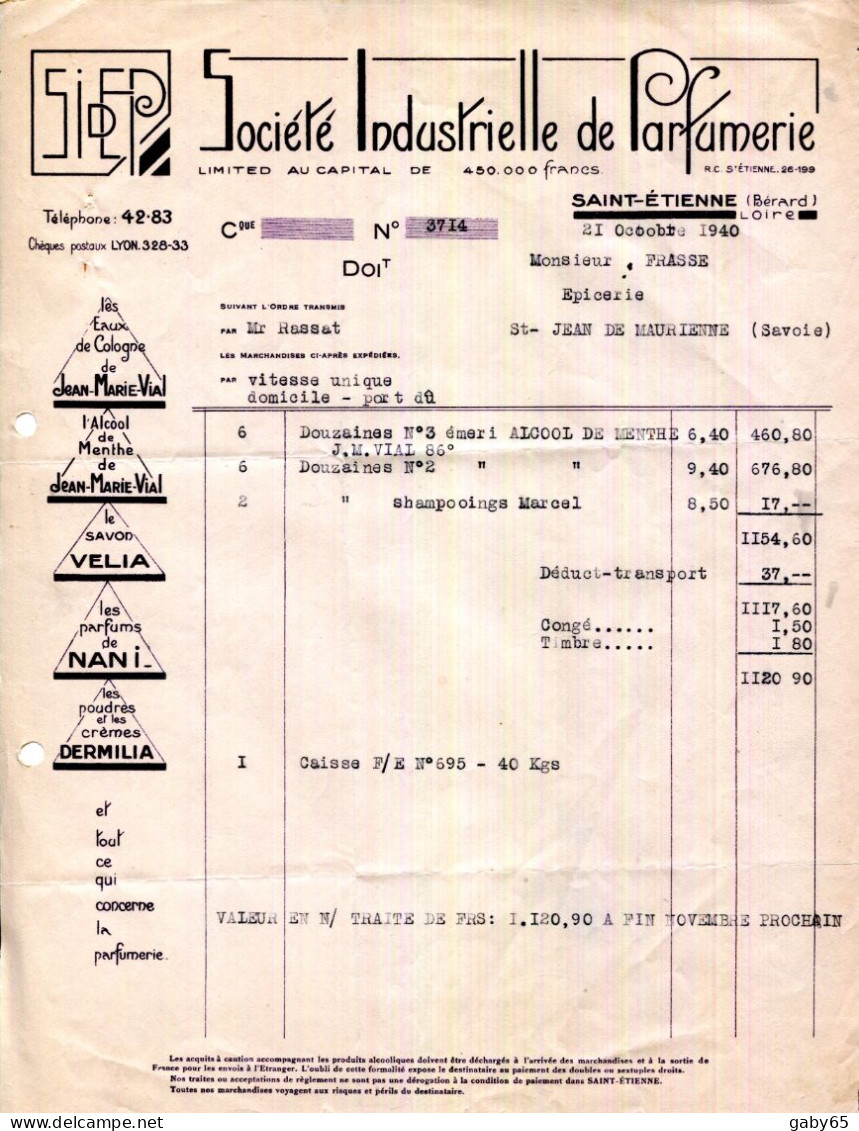 FACTURE.42.SAINT ETIENNE.SOCIETE INDUSTRIELLE DE PARFUMERIE. - Profumeria & Drogheria