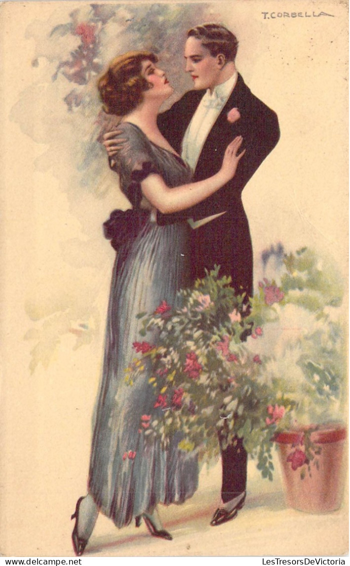 ILLUSTRATEURS SIGNES - Un Couple En Lassé Se Regarde - Bouquet De Fleur - Signés T Corbella - Carte Postale Ancienne - Corbella, T.