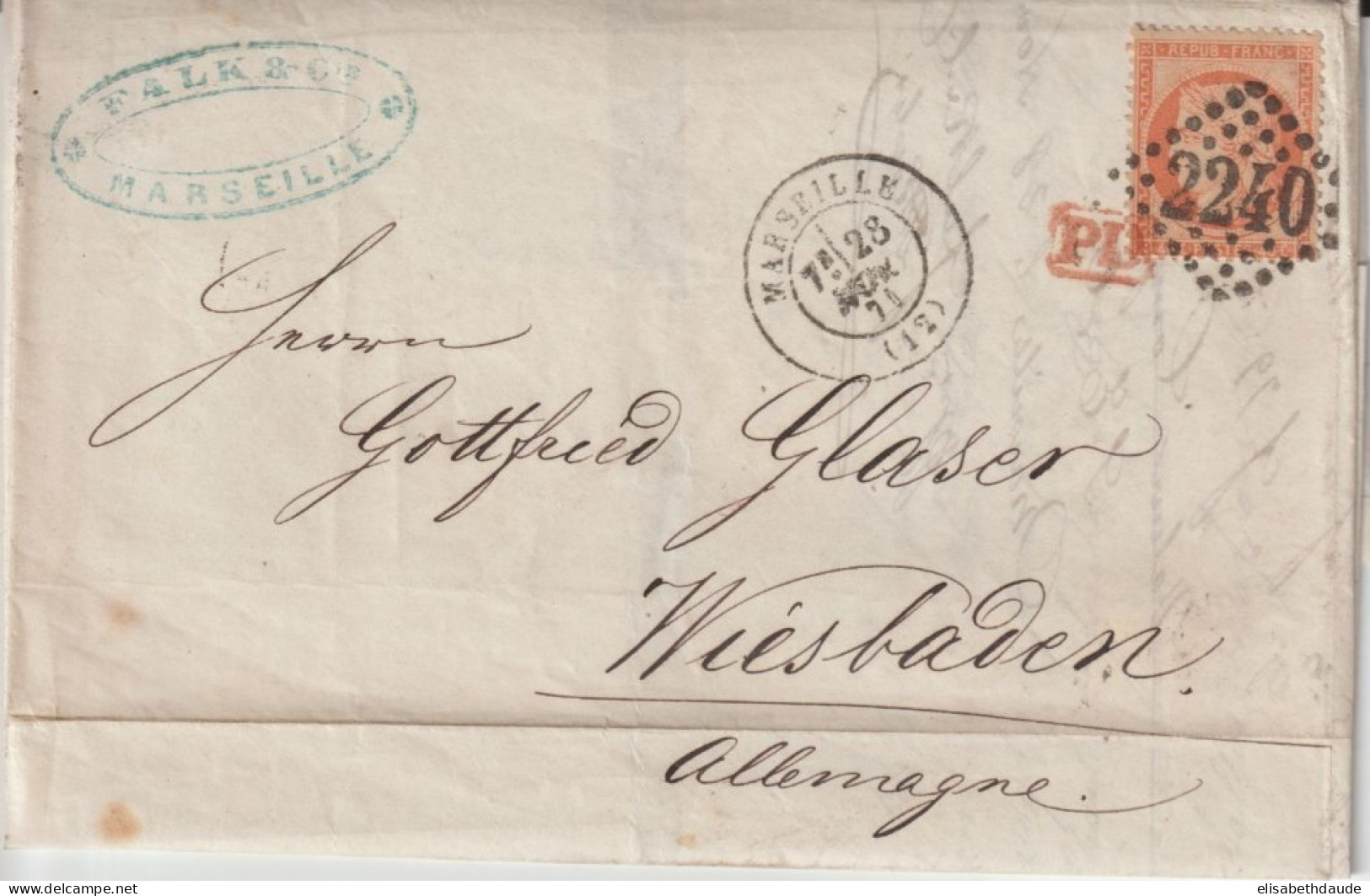 1871 ! - SIEGE TARIF 40c ! - LETTRE De MARSEILLE => WIESBADEN (ALLEMAGNE) - 1870 Beleg Van Parijs