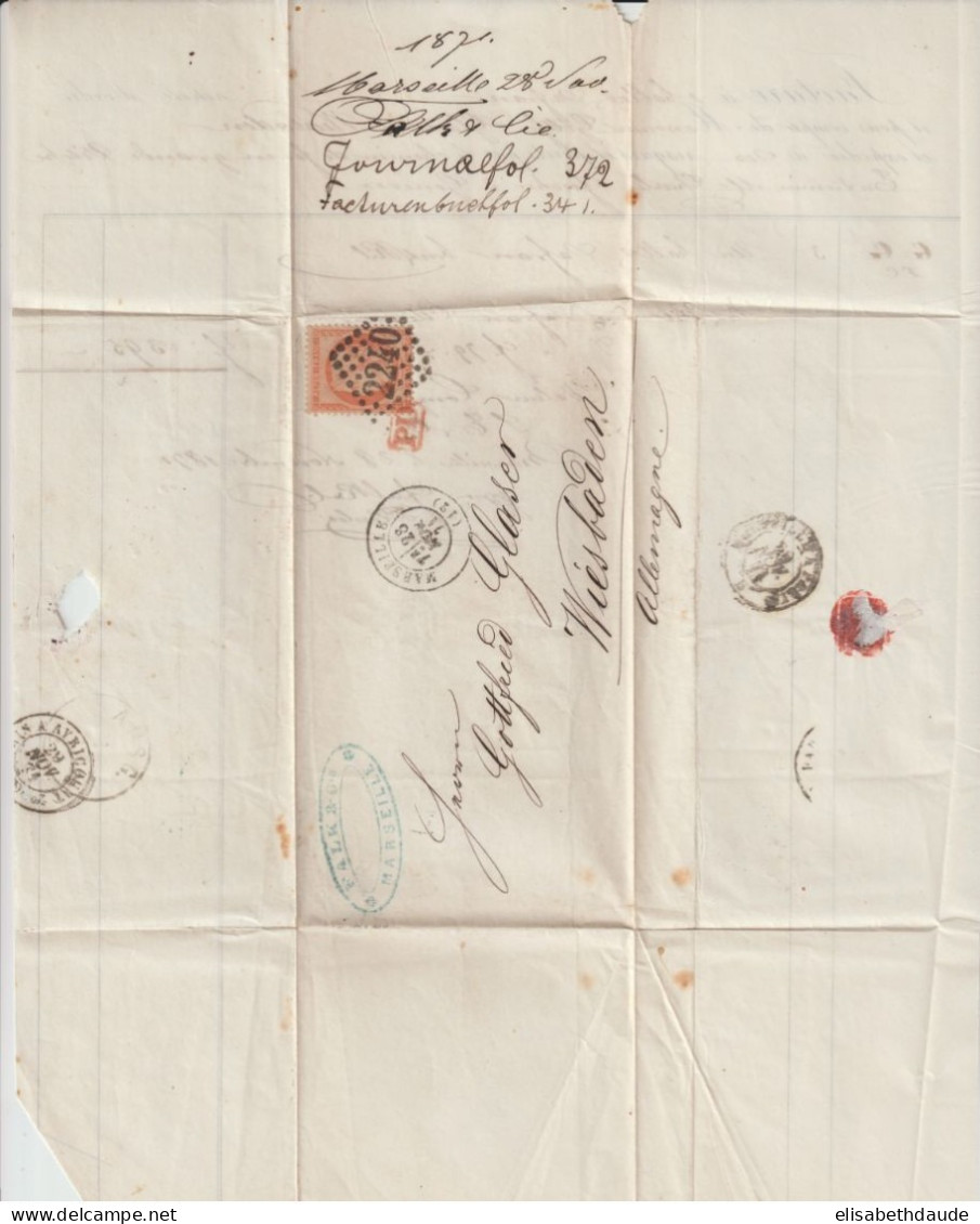 1871 ! - SIEGE TARIF 40c ! - LETTRE De MARSEILLE => WIESBADEN (ALLEMAGNE) - 1870 Siège De Paris