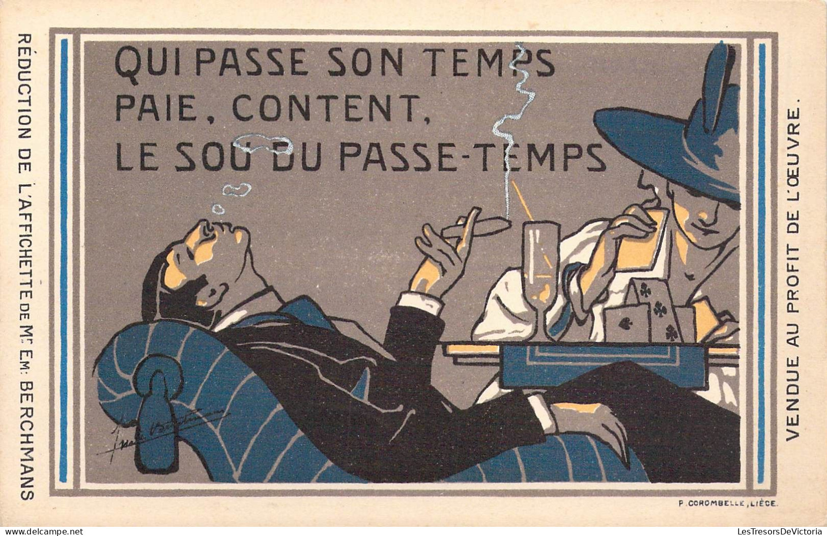 HUMOUR - Qui Passe Son Temps Paie Content Le Sou Du Passe Temps - Homme Qui Fume Allongé - Carte Postale Ancienne - Humour