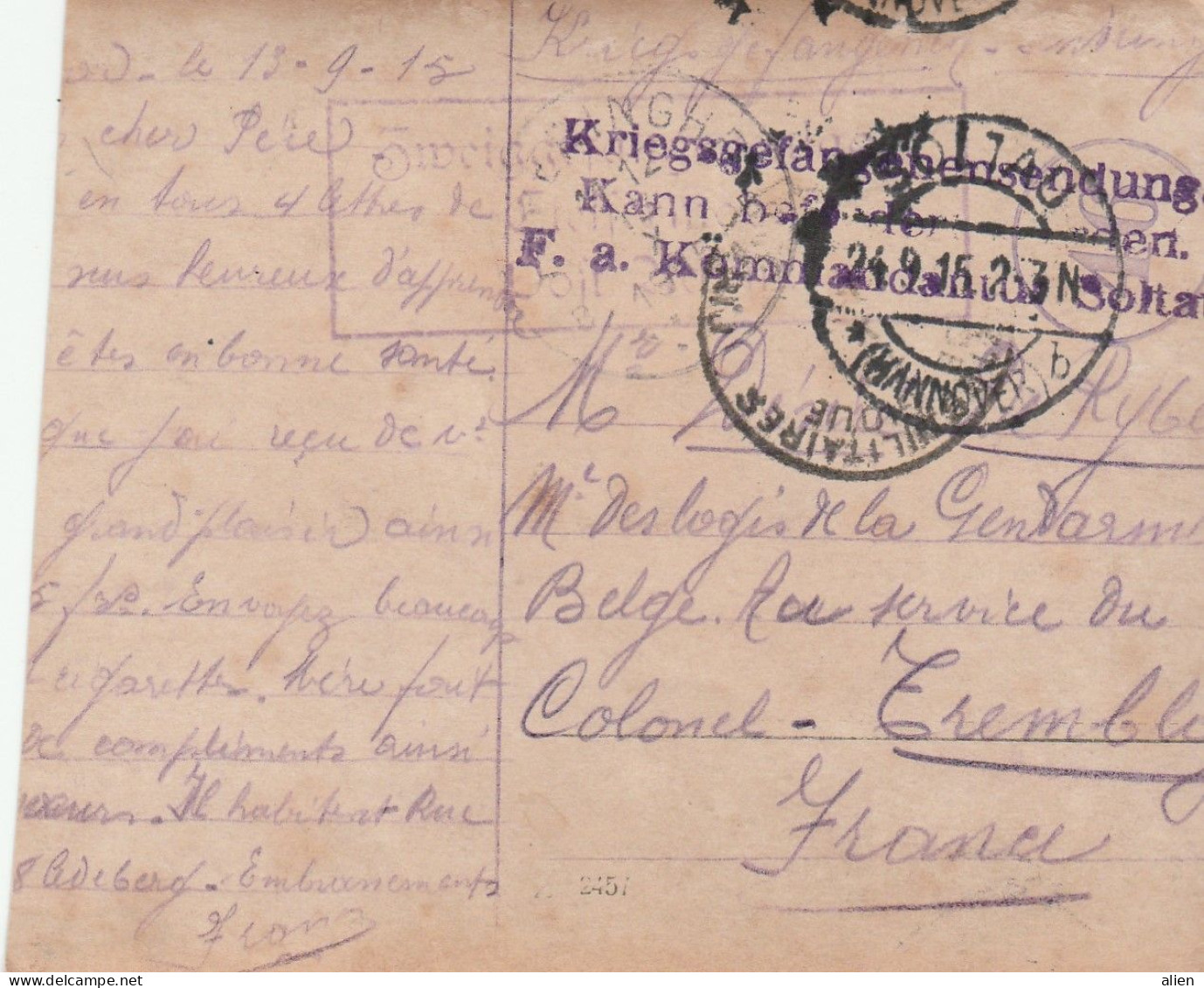 Deel Van Fotokaart SOLTAU 1915 Naar Frankrijk Via Belg Legerpost. - Kriegsgefangenschaft