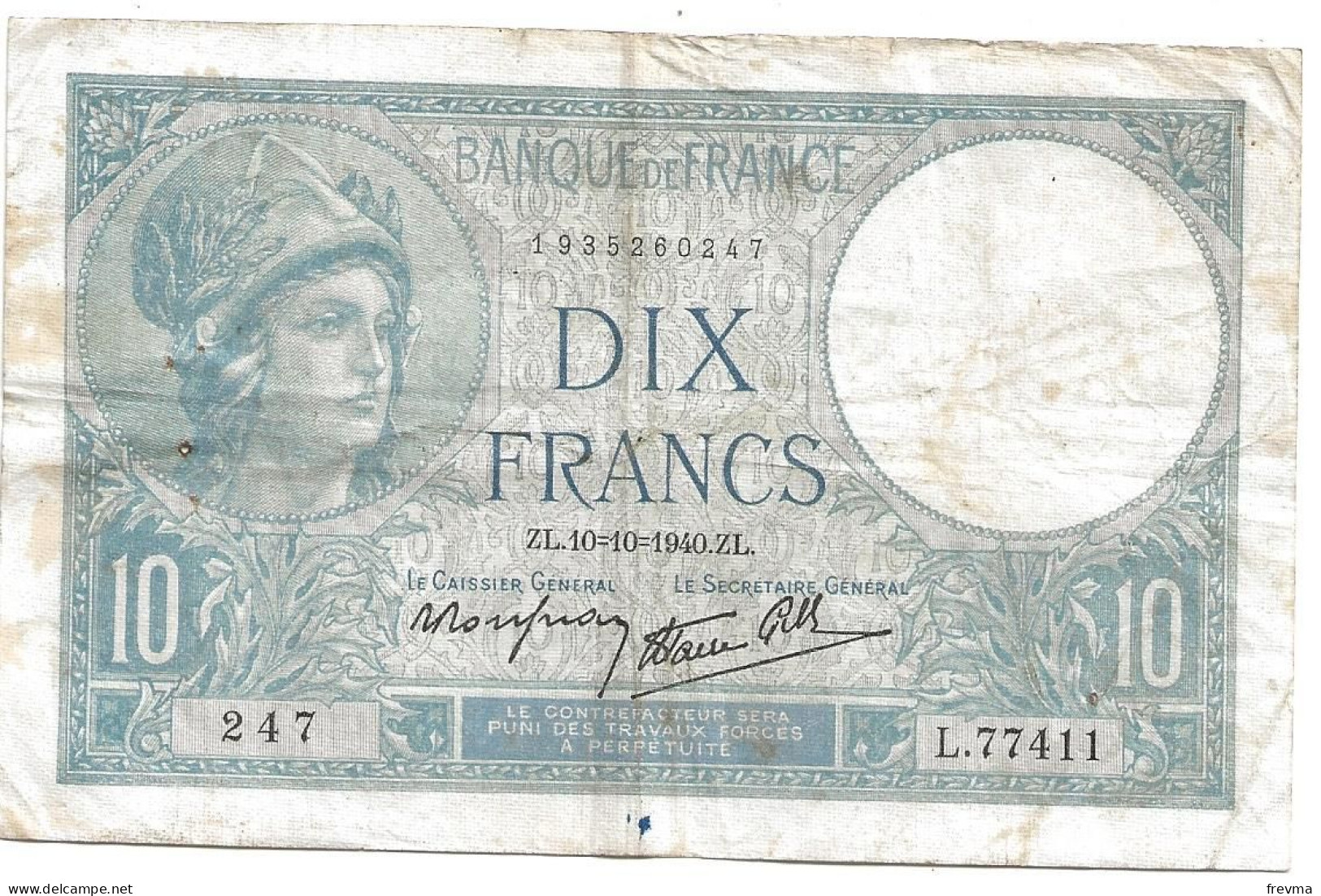 Billet 10 Francs Minerve 1940 ZL - 10 F 1916-1942 ''Minerve''