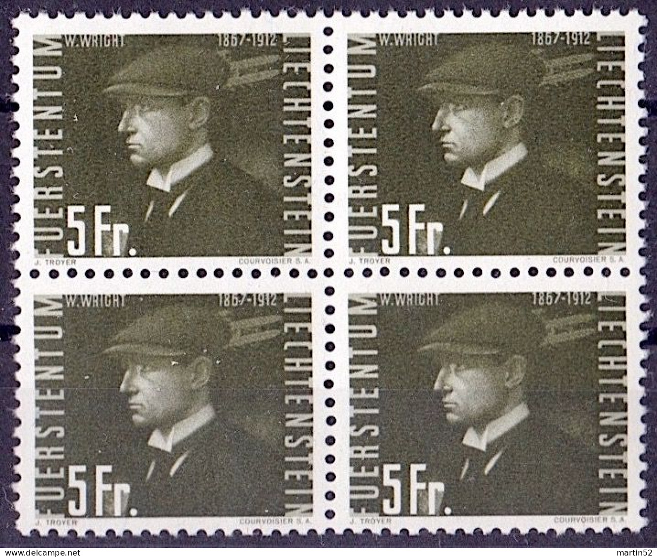 Liechtenstein 1948: Wilbur Wright (1867-1912) Motorflug-Pionier (5 Fr) Zu F 32 Mi 265 Yv PA  32 ** MNH (Zu CHF 44.00) - Poste Aérienne