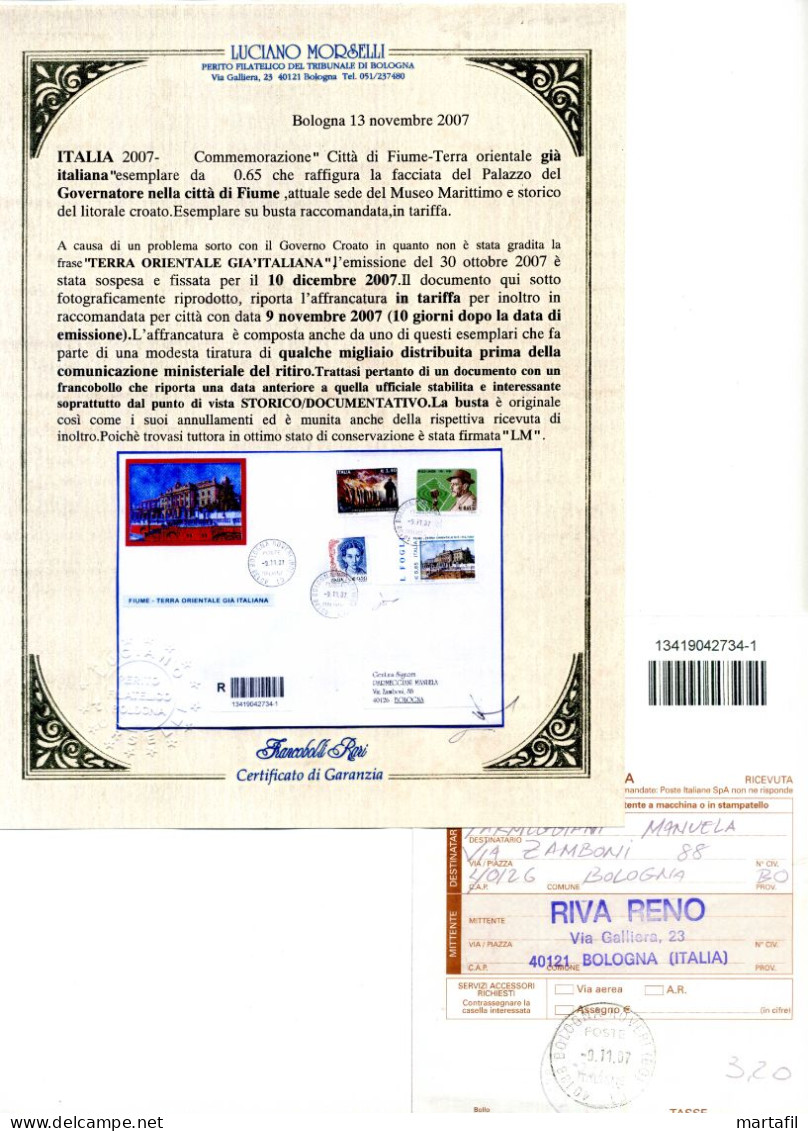 2007 Francobollo Un. N.3053 Omaggio Alla Città Di Fiume Su Busta Con Data Anticipata. Certificata. - Errors And Curiosities