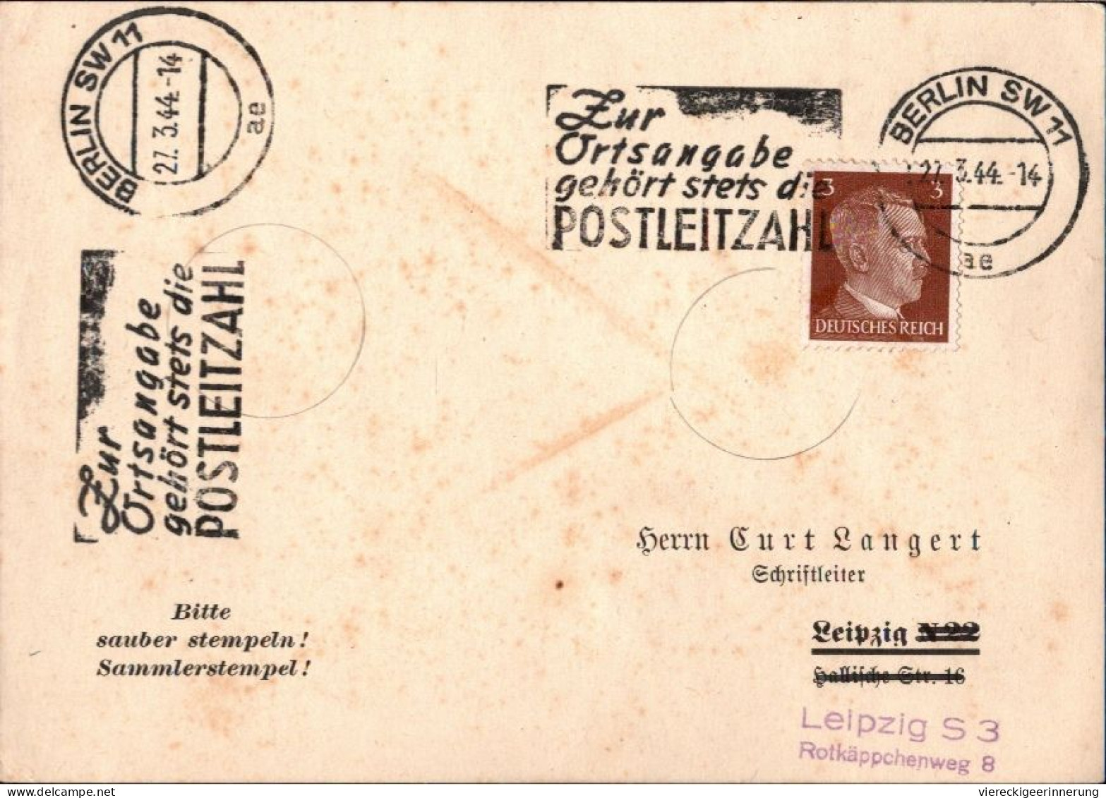 ! Karte Aus Berlin, Maschinenwerbestempel 1944, Posteigenwerbung, Zur Ortsangabe Gehörst Stets Die  Postleitzahl - Brieven En Documenten