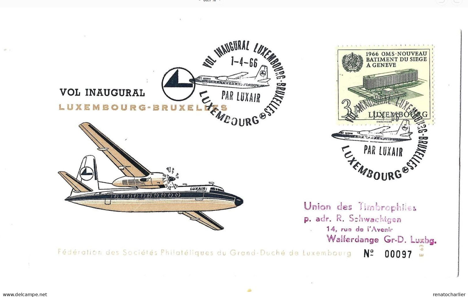 Vol Inaugural Luxembourg-Bruxelles.Luxair.1966. - Storia Postale