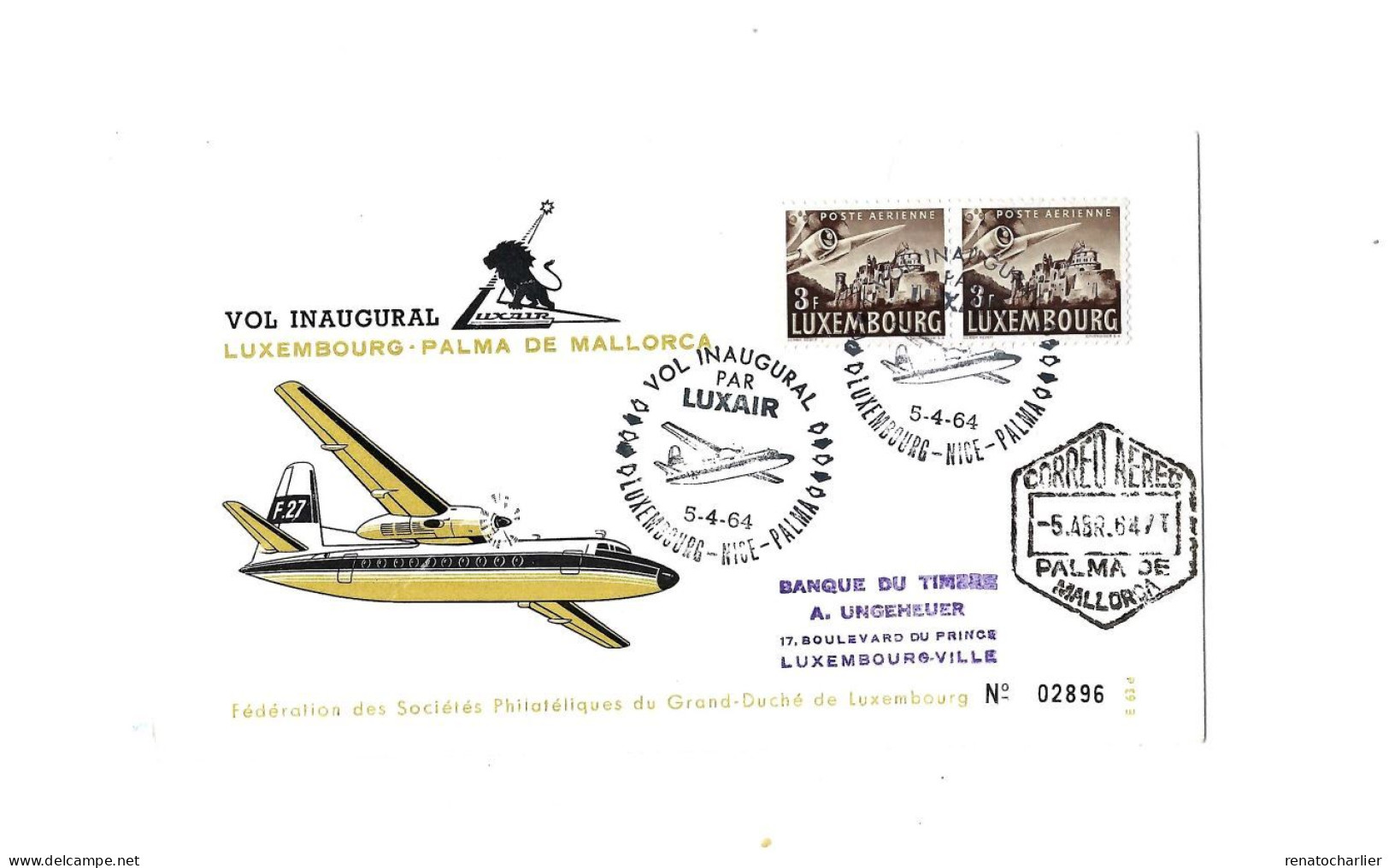 Vol Inaugural Luxembourg-Palma De Mallorca.Luxair.1964. - Storia Postale