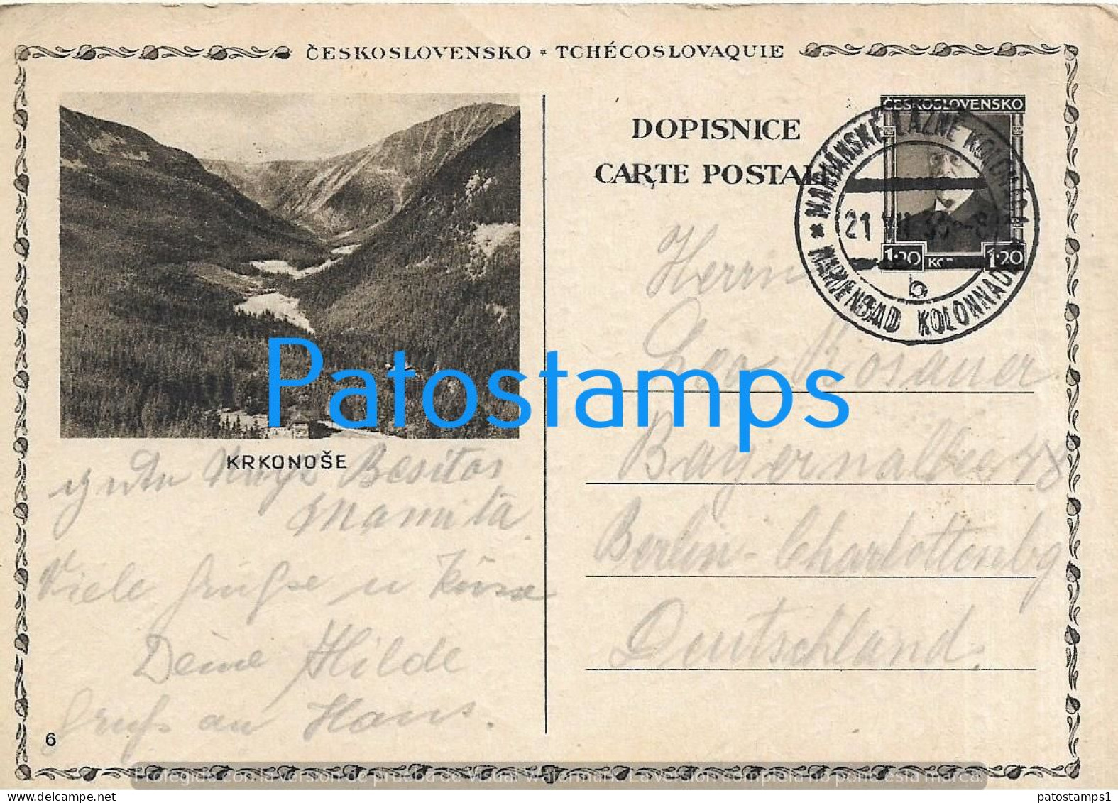 210446 CZECH REPUBLIC KRKONOSE VIEW PARTIAL CANCEL YEAR 1933 CIRCULATED TO GERMANY POSTAL STATIONERY POSTCARD - Sin Clasificación