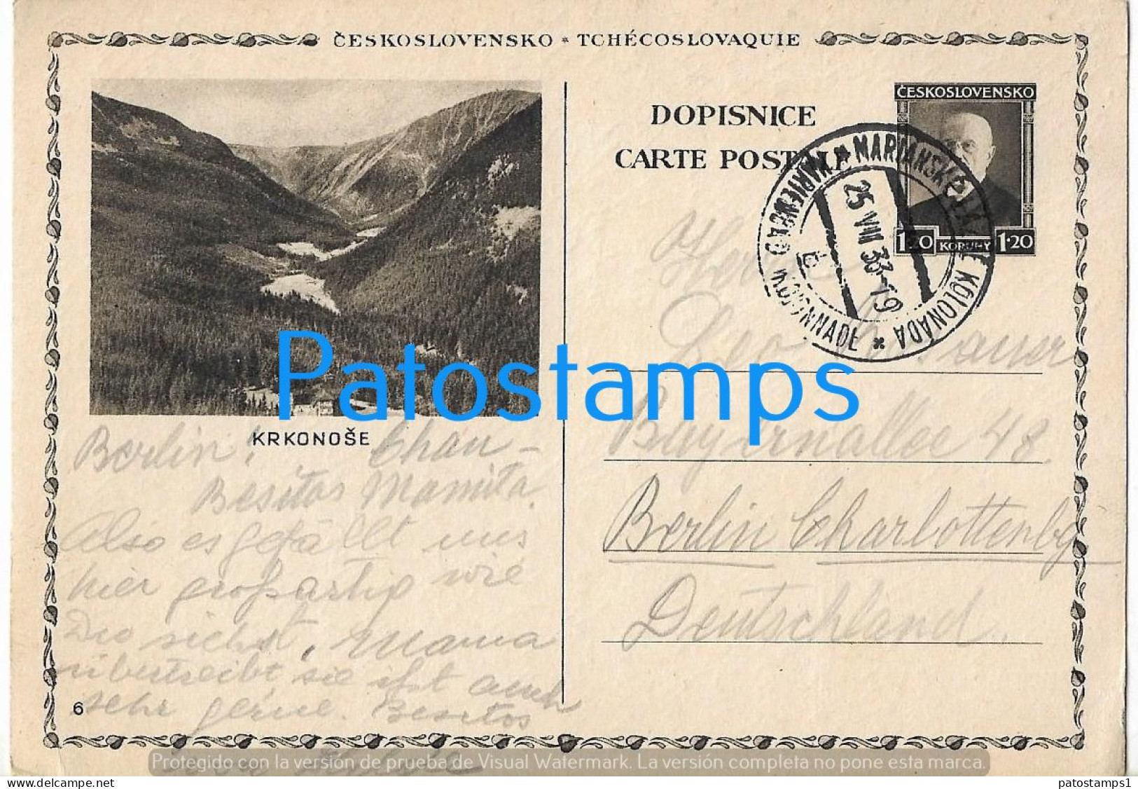 210447 CZECH REPUBLIC KRKONOSE VIEW PARTIAL CANCEL YEAR 1933 CIRCULATED TO GERMANY POSTAL STATIONERY POSTCARD - Non Classés