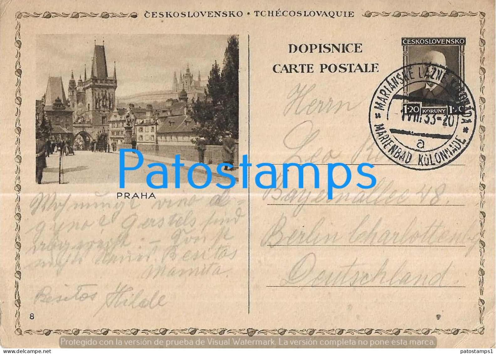 210448 CZECH REPUBLIC PRAHA VIEW PARTIAL CANCEL YEAR 1933 CIRCULATED TO GERMANY POSTAL STATIONERY POSTCARD - Unclassified