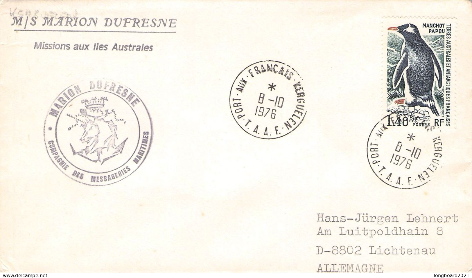 TAAF - LETTER 1976 PORT-AUX-FRANCAIS - DE Mi 108 / *1157 - Covers & Documents