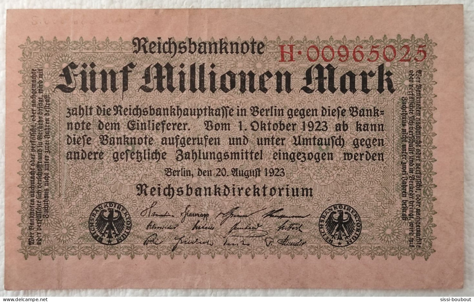 Billet De Banque ALLEMAGNE - 1923 : République De Weimar - Reichsbanknote - 5 Millionen Mark - 5 Mio. Mark