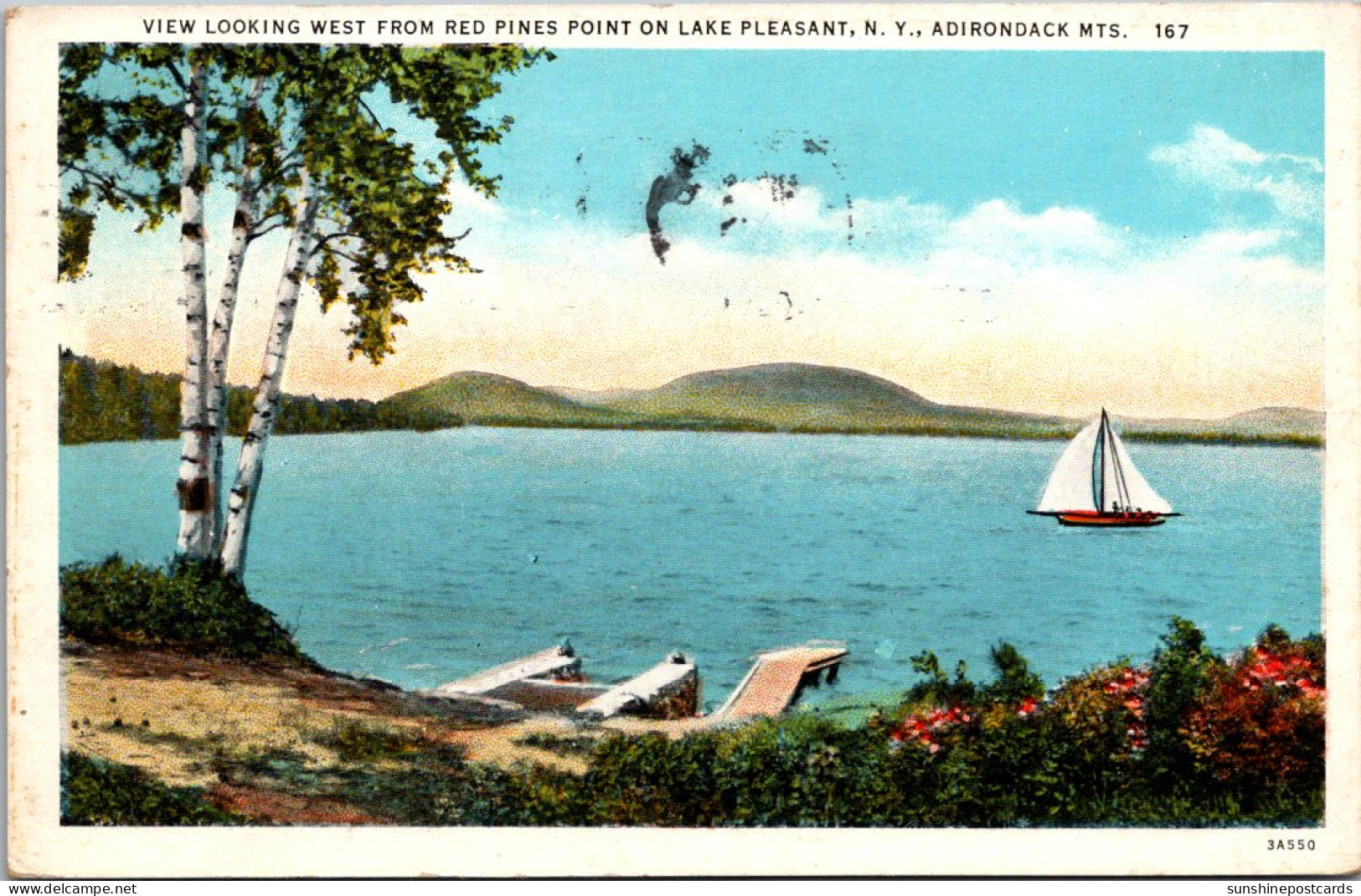 New York Adirondacks Lake Pleasant View Looking West From Red Pines Point 1935 Curteich - Adirondack