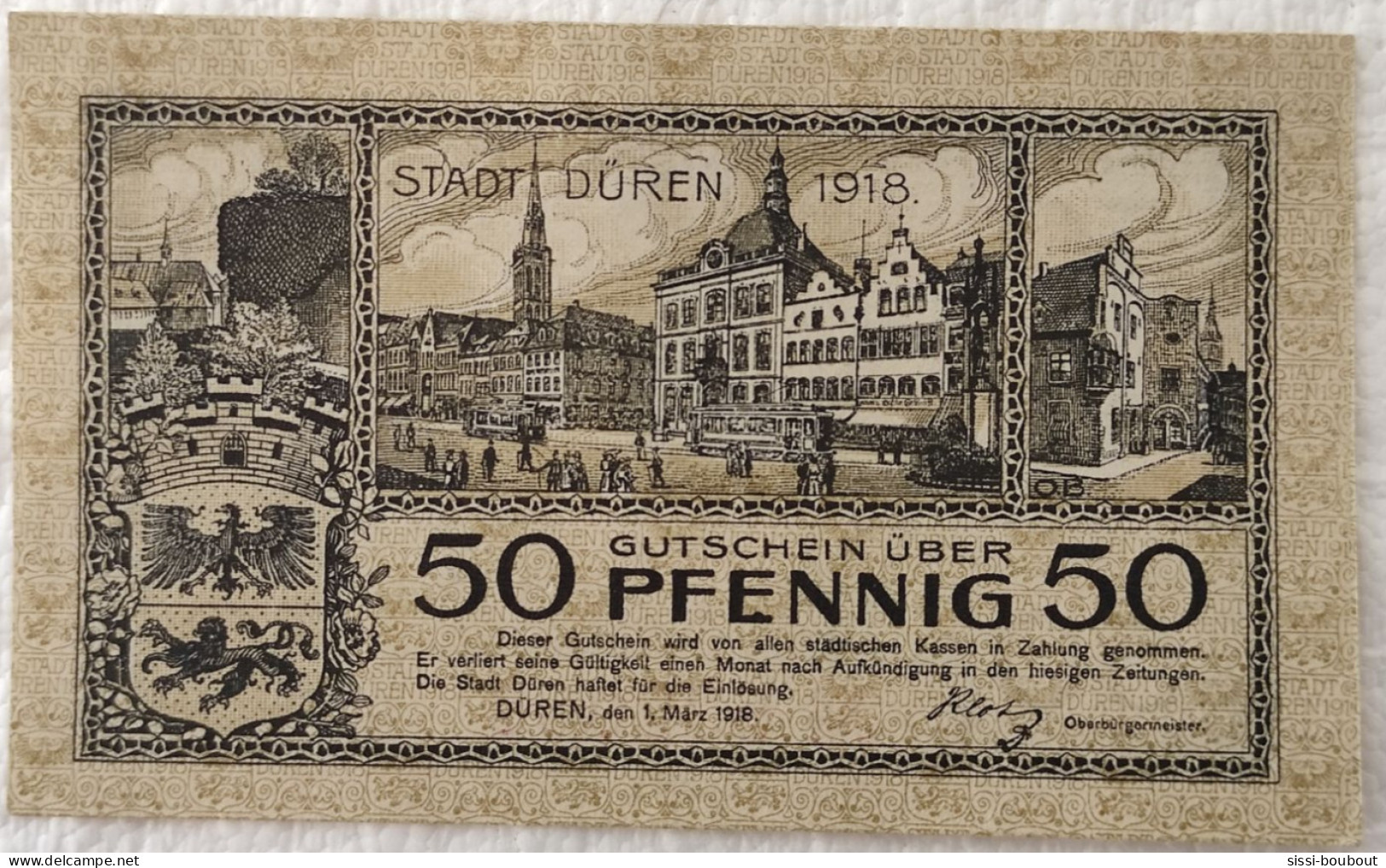 Billet Monnaie De Nécéssitée- Allemagne / Stadt Duren / 1918 / 50 Pfennig / Neuf - Monedas/ De Necesidad