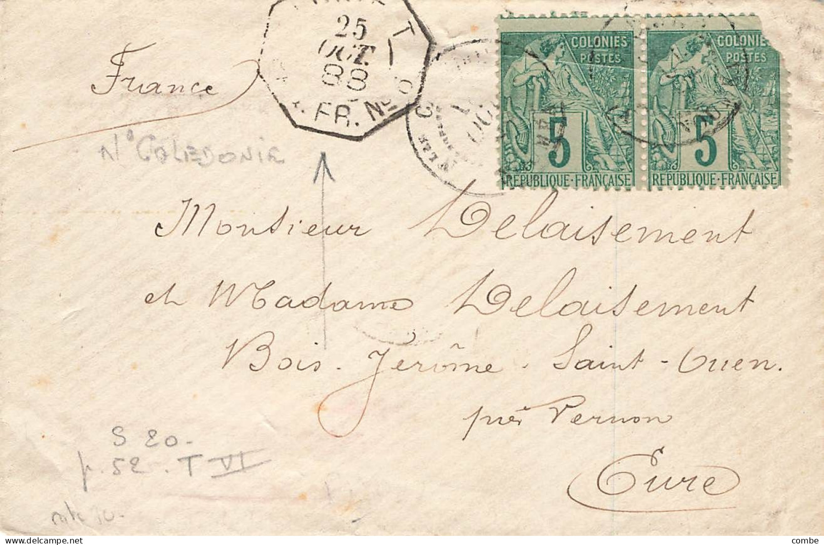 LETTRE. 1888. NOUVELLE CALEDONIE. E. MOITRIER MARECHAL DS LOGIS NOUMEA. LIGNE T PAQ FR N°6. POUR SAINT-OUEN - Storia Postale