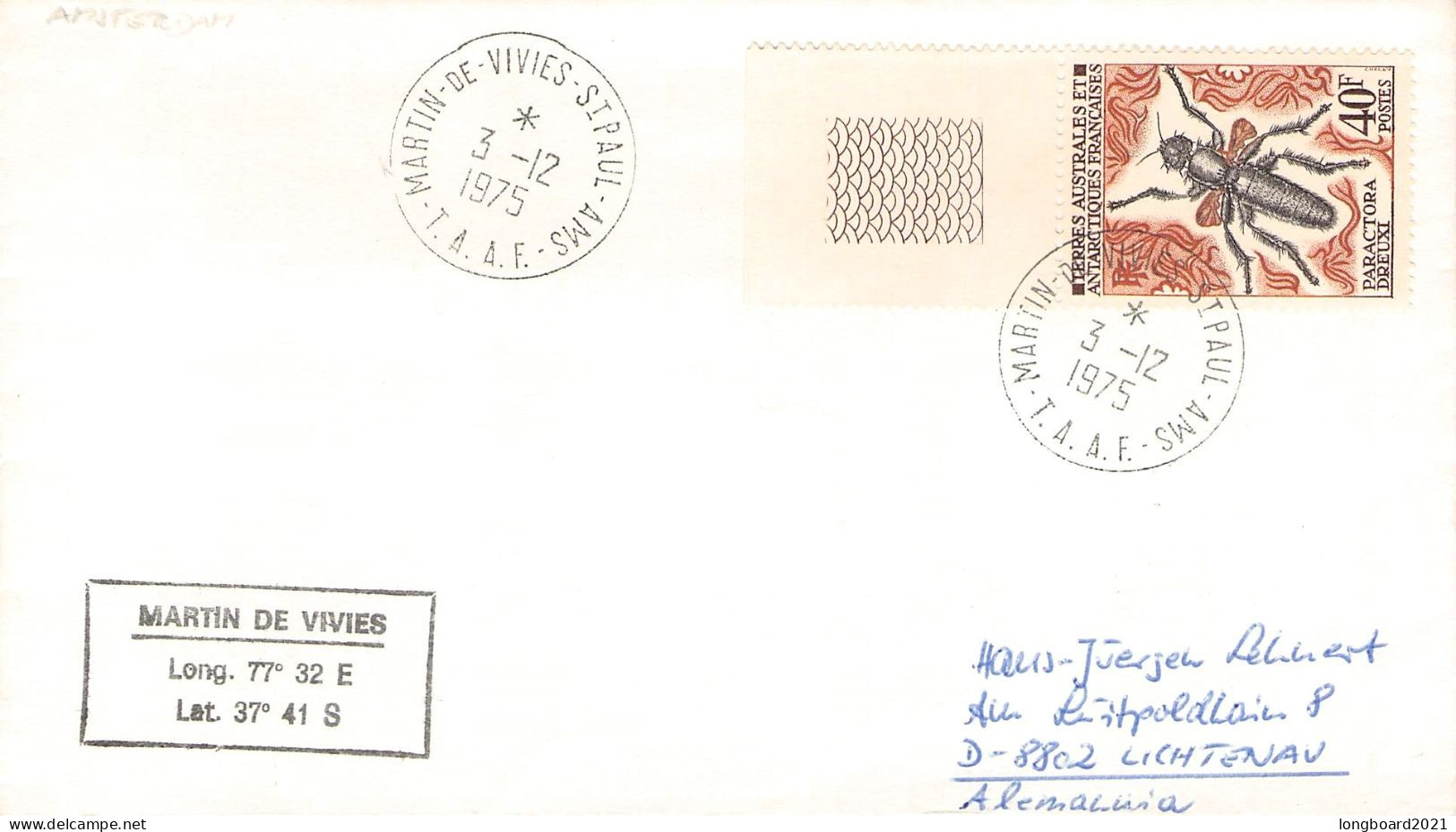 TAAF - LETTER 1975 MARTIN-DE-VIVIES - DE Mi 73 / *1168 - Lettres & Documents