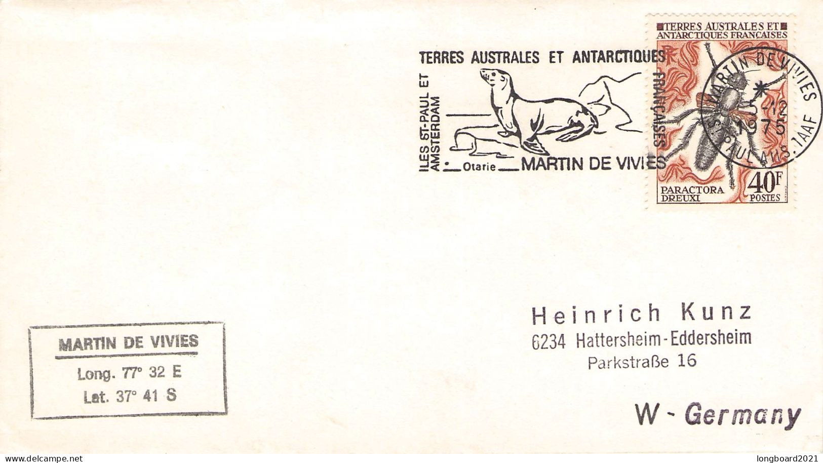 TAAF - LETTER 1975 MARTIN-DE-VIVIES - DE Mi 73 / *1169 - Covers & Documents