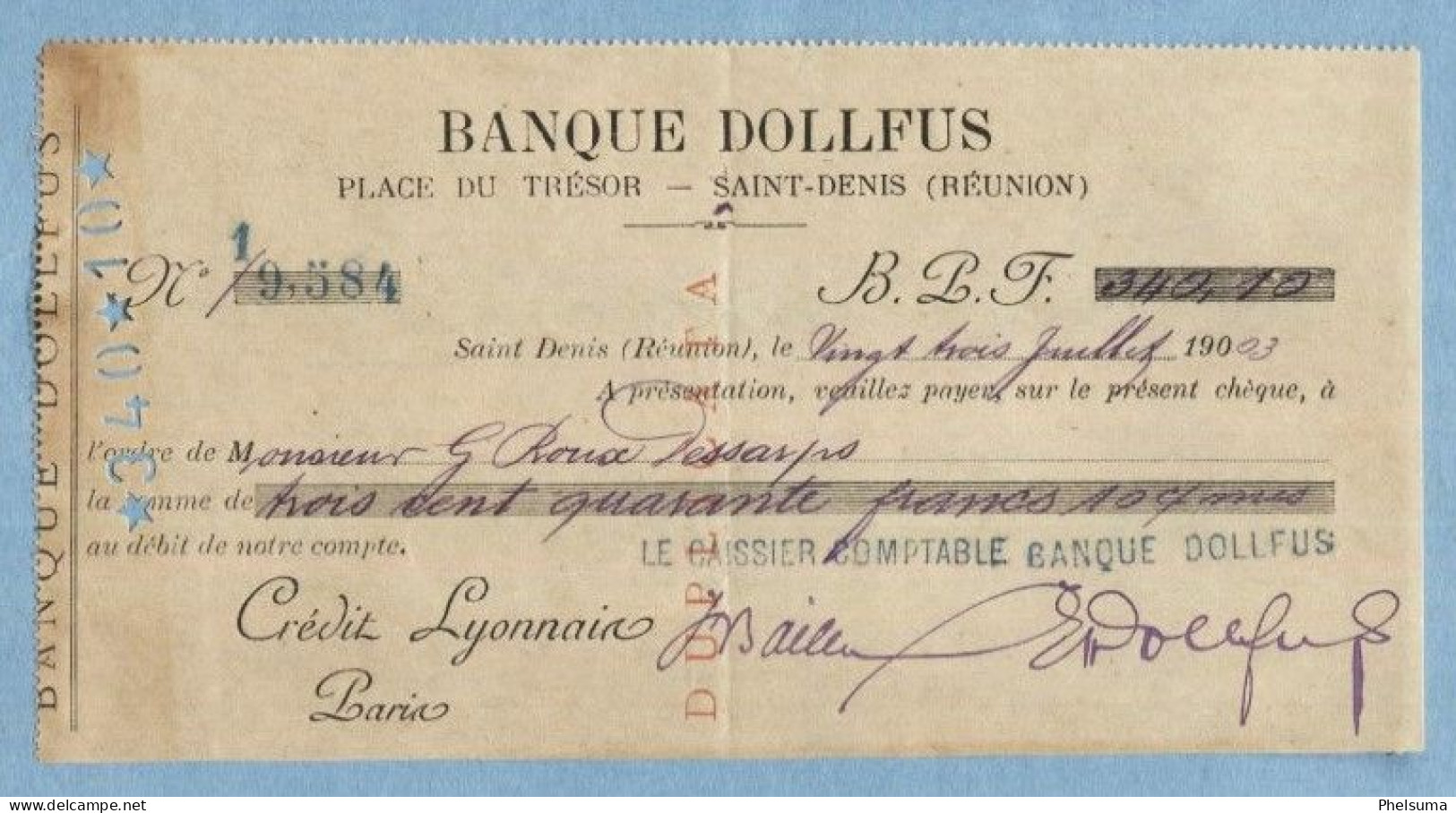 TRES RARE  - Ile De La REUNION - Chèque De Banque DOLLFUS 1903 - Réunion