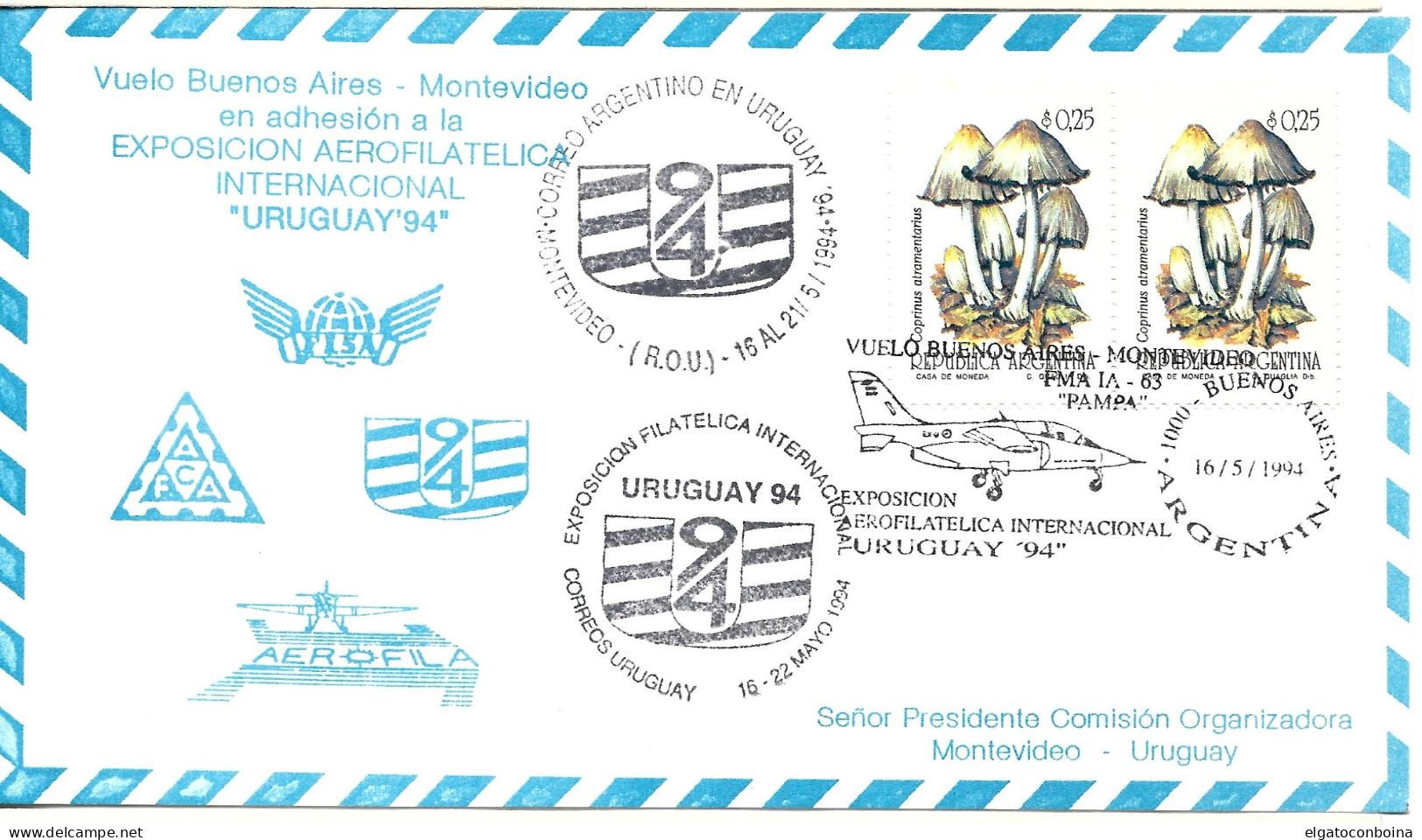 ARGENTINA 1994 COVER WITH SPECIAL POSTMARK URUGUAY 94 INT PHILATELIC EXPO FLIGHT BUENOS AIRES MONTEVIDEO - Oblitérés