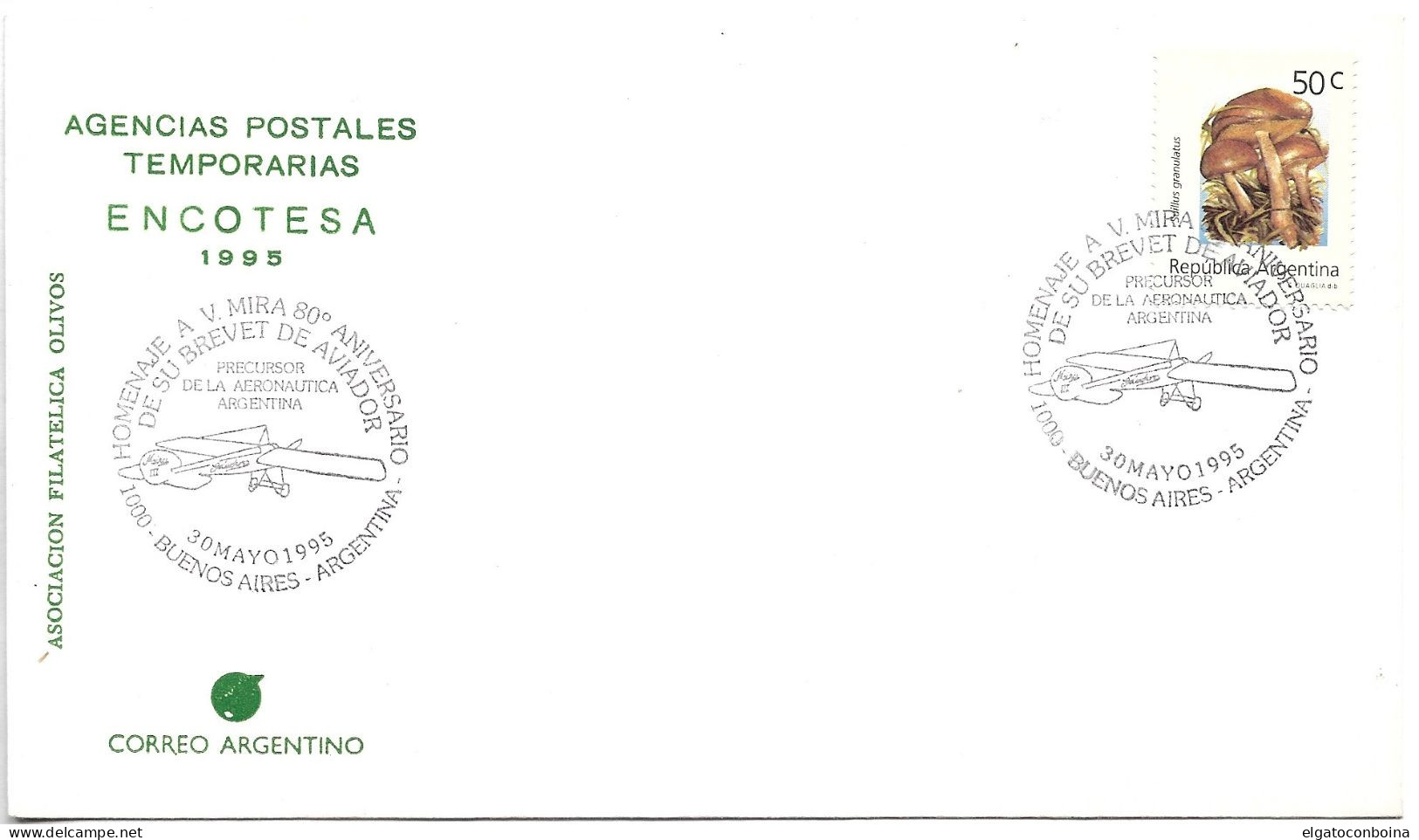 ARGENTINA 1995 COVER WITH SPECIAL POSTMARK A.V. MIRA AVIATOR PIONEER AVIATION - Usados