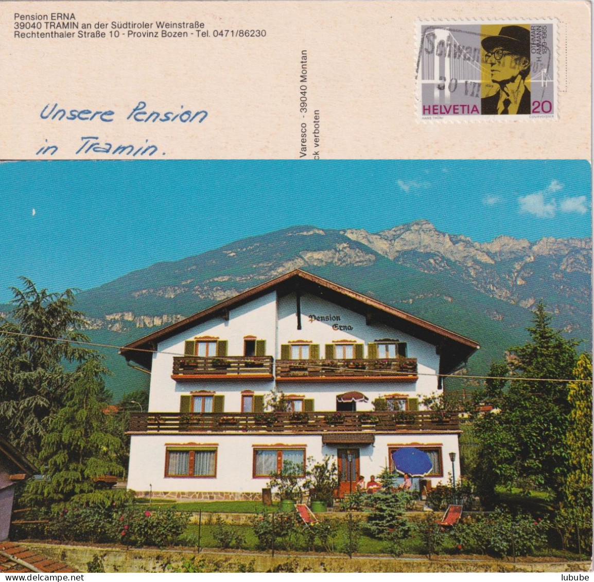 Bahnstempel  "Schwanden Glarus"  (AK Tramin - Pension Erna)       1979 - Ferrocarril