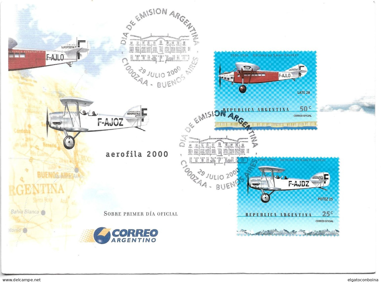 ARGENTINA 2000 AEROFILA EXHIBITION AVIATION FIRST DAY COVER FDC - Oblitérés