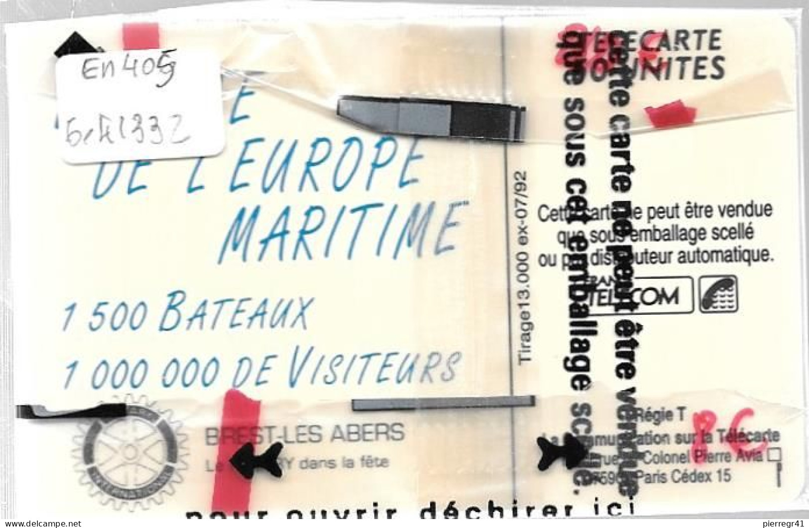 CARTE-PUCE-PRIVEE-PUBLIC- 50U-EN 405-SC5 An-07/92-ROTARY BREST 92-V° N°Ge41332-NSB-TBE LUXE - 50 Einheiten