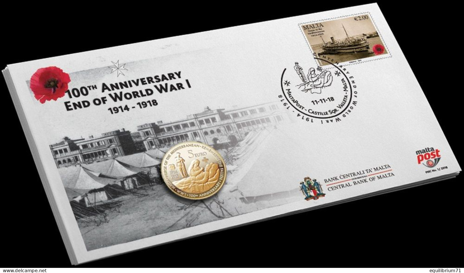 NUMISLETTER° - 100è Anniv De La Fin De La 1er Guerre Mondiale - 11 Nov 2018 + Pièce De 5 Euros Commémorative UNC - Malte - Malta