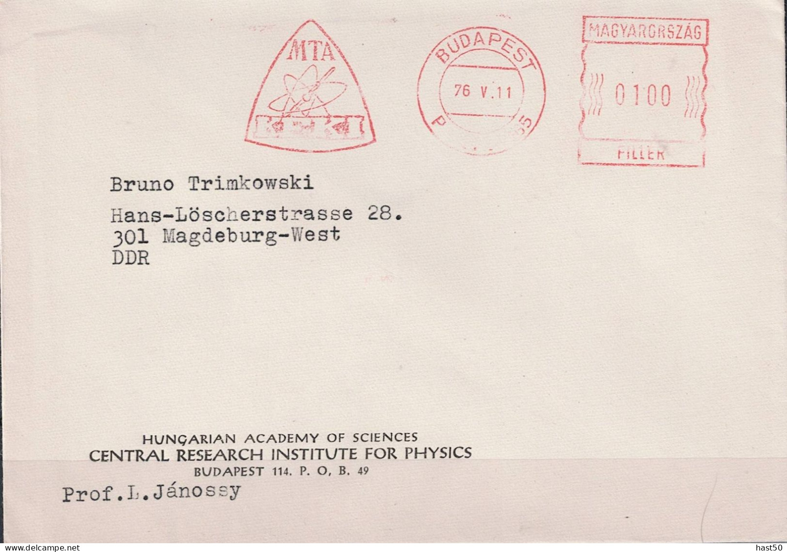 Ungarn Hungary Hongrie - Brief Mit Maschinenwerbestempel MTA Budapest Vom 11.5.76 Nach Magdeburg - Poststempel (Marcophilie)