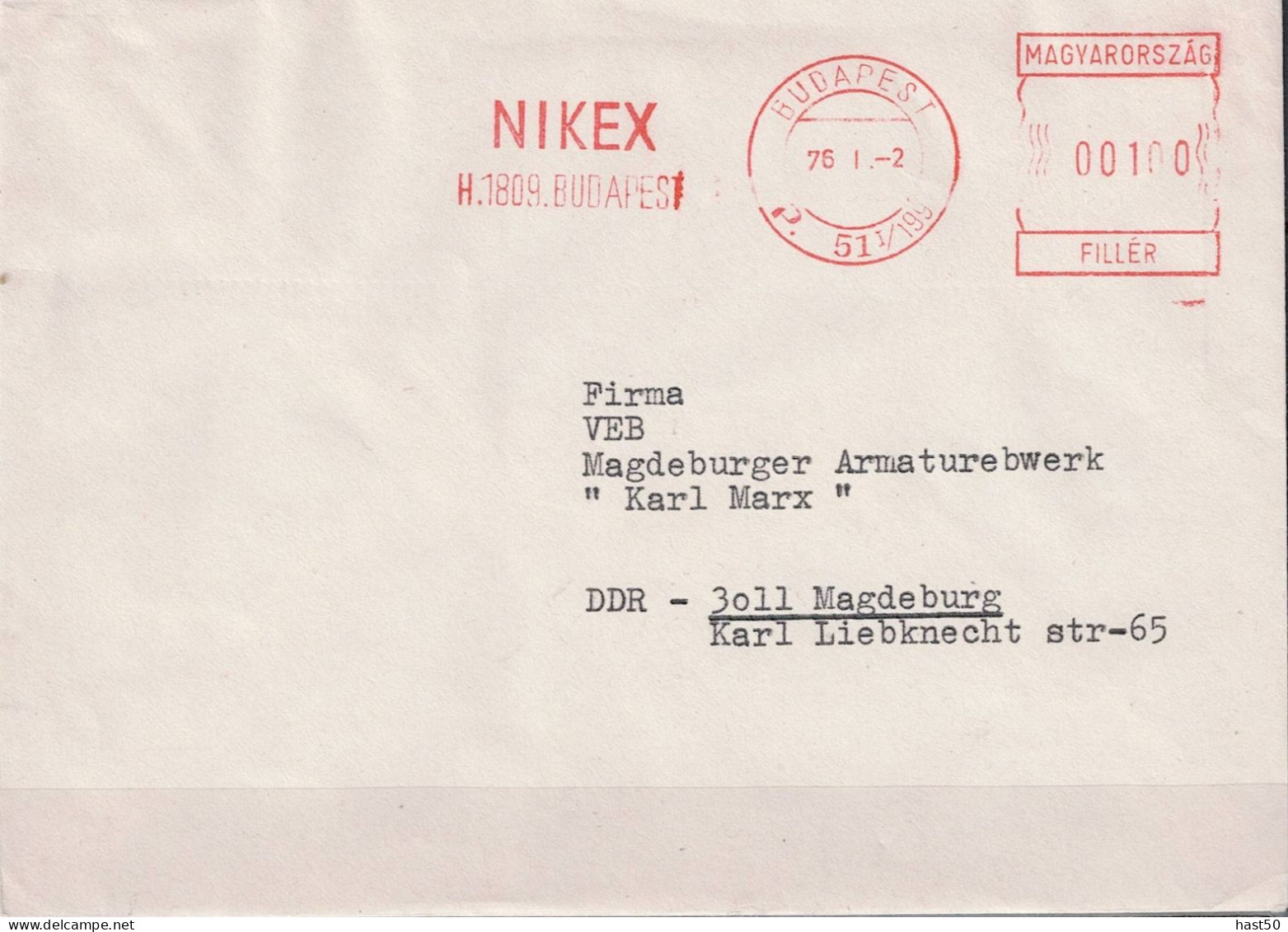 Ungarn Hungary Hongrie - Brief Mit Maschinenwerbestempel NIKEX Budapest Vom 2.1.76 Nach Magdeburg - Storia Postale