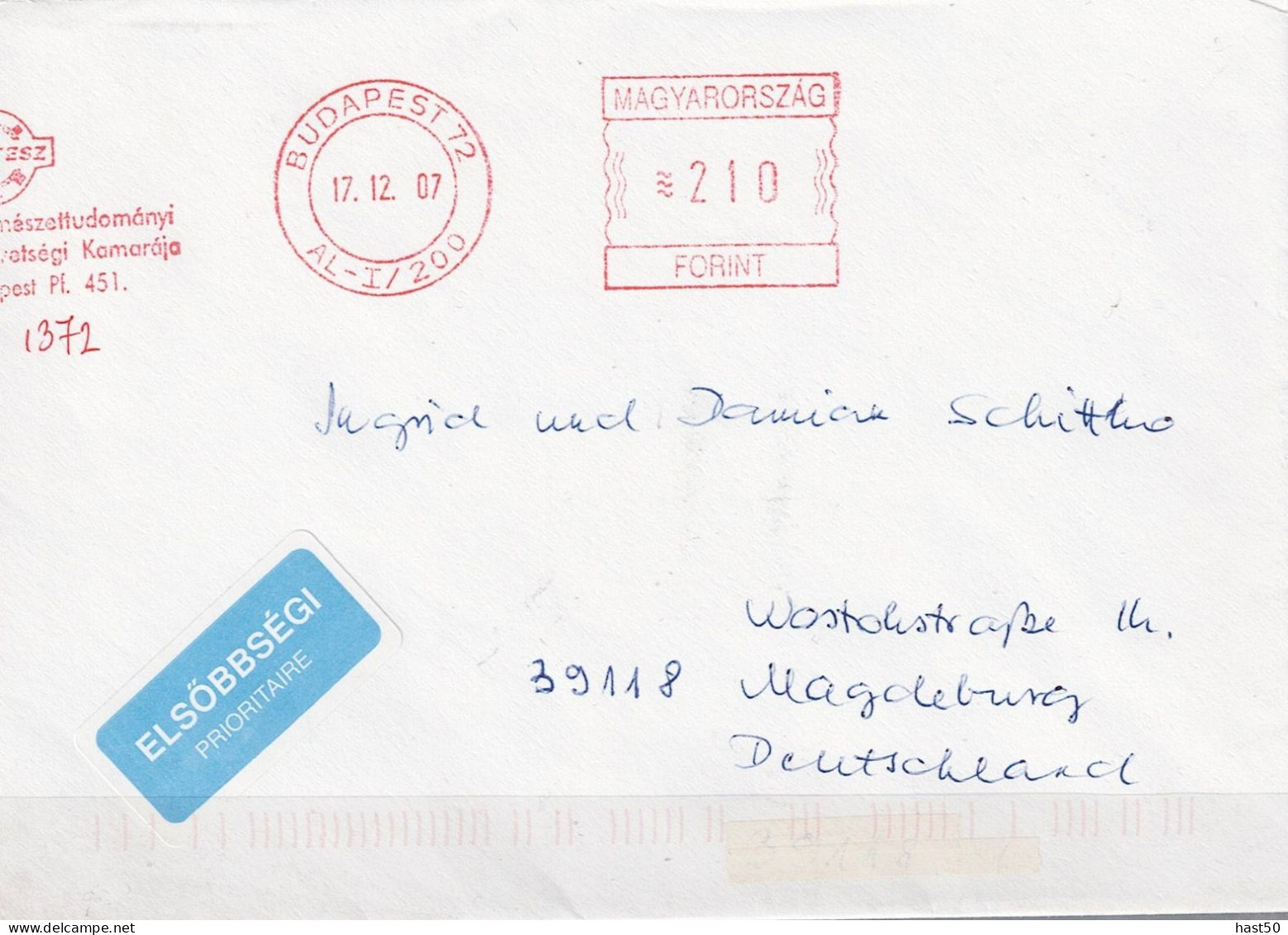 Ungarn Hungary Hongrie - Brief Mit Maschinenwerbestempel MTESZ Budapest Vom 17.12.07 Nach Magdeburg - Storia Postale