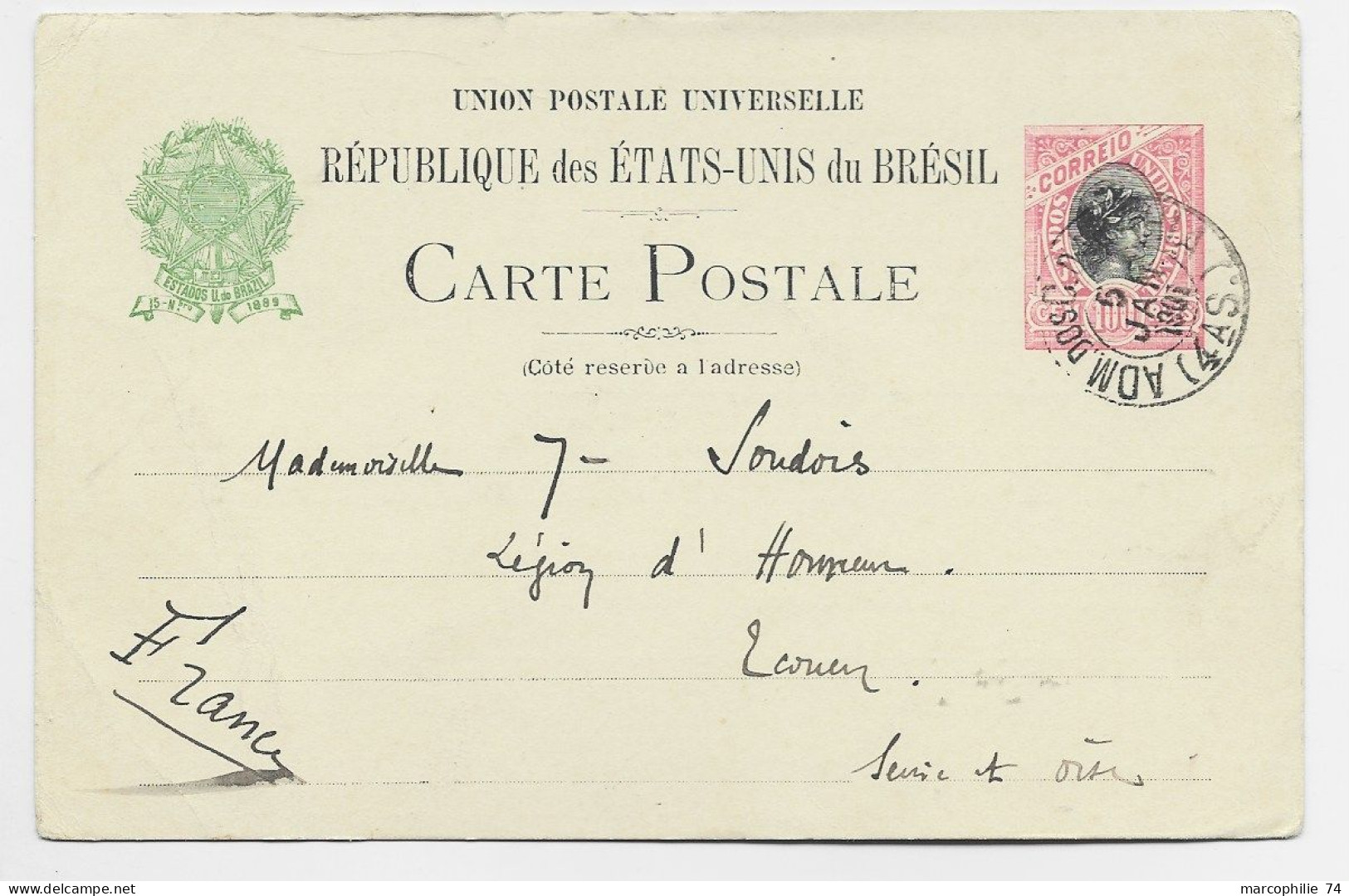BRASIL ENTIER 100 REIS CARTE REPUBLIQUE ETATS UNIS DU BRESIL ADM 1901 TO FRANCE - Briefe U. Dokumente