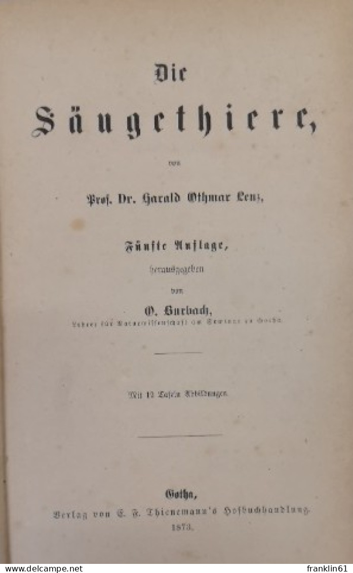 Die Säugethiere. Erster Band. - Lexicons