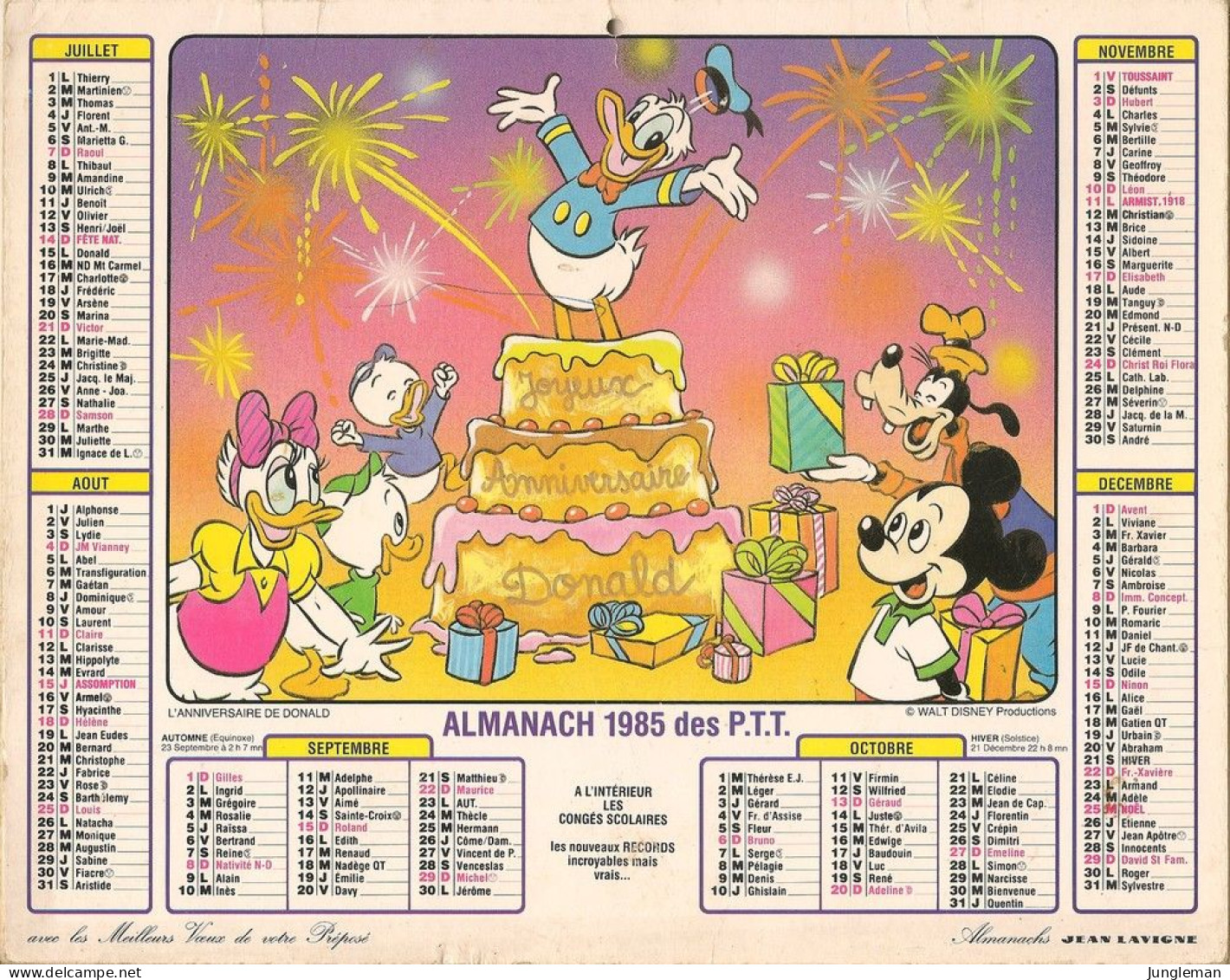 Calendrier - Almanach 1985 Des P.T.T. - Rhône - 69 - L' Anniversaire De Donald - Robin Des Bois - Walt Disney - BE - Grand Format : 1981-90