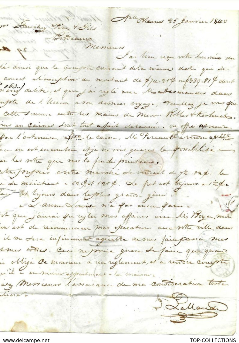 1840 ETATS UNIS AMERIQUE  New Orleans Louisiane  Lettre Lallande   > Bordeaux  NAVIGATION NEGOCE COMMERCEVIN  COTON ETC - 1800 – 1899