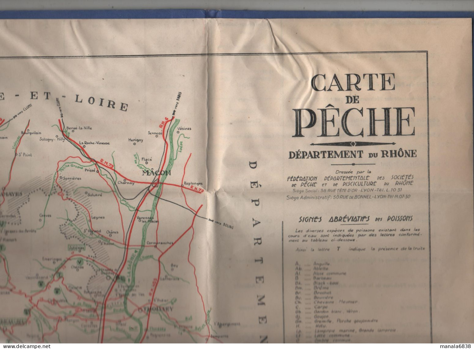 Carte Piscicole Du Rhône Rivières Routes Voies Ferrées Siège Sociétés Limites Dépôts De Cartes Plan - Vissen