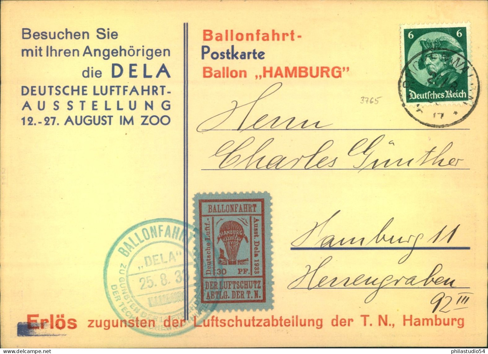 1933, DELA-Karte Mit 6 Pfg. Fridericus Und Flugmarke Zur "Ballonfahrt Der Luftschutz-Abt. Der T.N." Vom 25.8.1933 - Luchtpost & Zeppelin