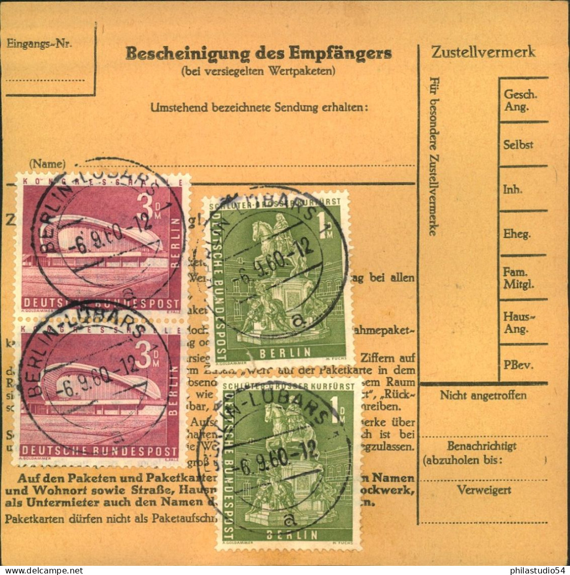 Berlin, Briefmarken 154 (2),53 (2),166 Ba 50.00 385 1960, Paketkarten-Stammteil Fiir Ein Schweres Paket Ab "BERLIN — LU - Briefe U. Dokumente