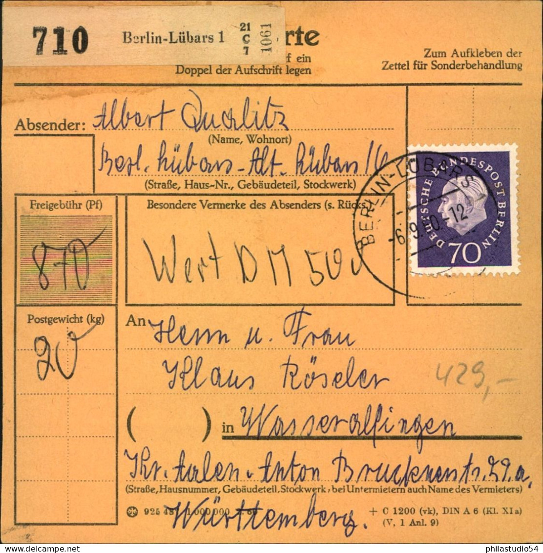 Berlin, Briefmarken 154 (2),53 (2),166 Ba 50.00 385 1960, Paketkarten-Stammteil Fiir Ein Schweres Paket Ab "BERLIN — LU - Briefe U. Dokumente