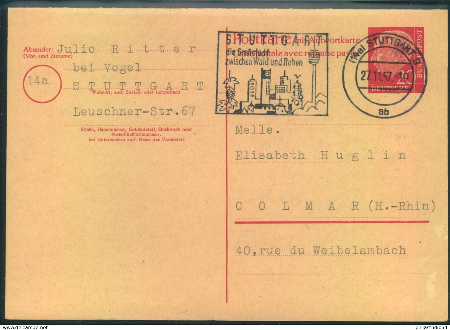 1957, Doppelkarte 20 Pfg. Heuss | Mit Maschinenwerbestempel "(14a) STUTTGART 27.11.57" Mit GruRworten Adressiert Nach Co - Sonstige & Ohne Zuordnung